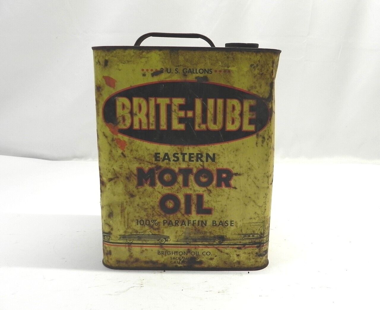 VINTAGE BRIGHTON OIL CO. EASTERN MOTOR OIL BRITE-LUBE 2 GAL CAN *EMPTY PRE-OWNED