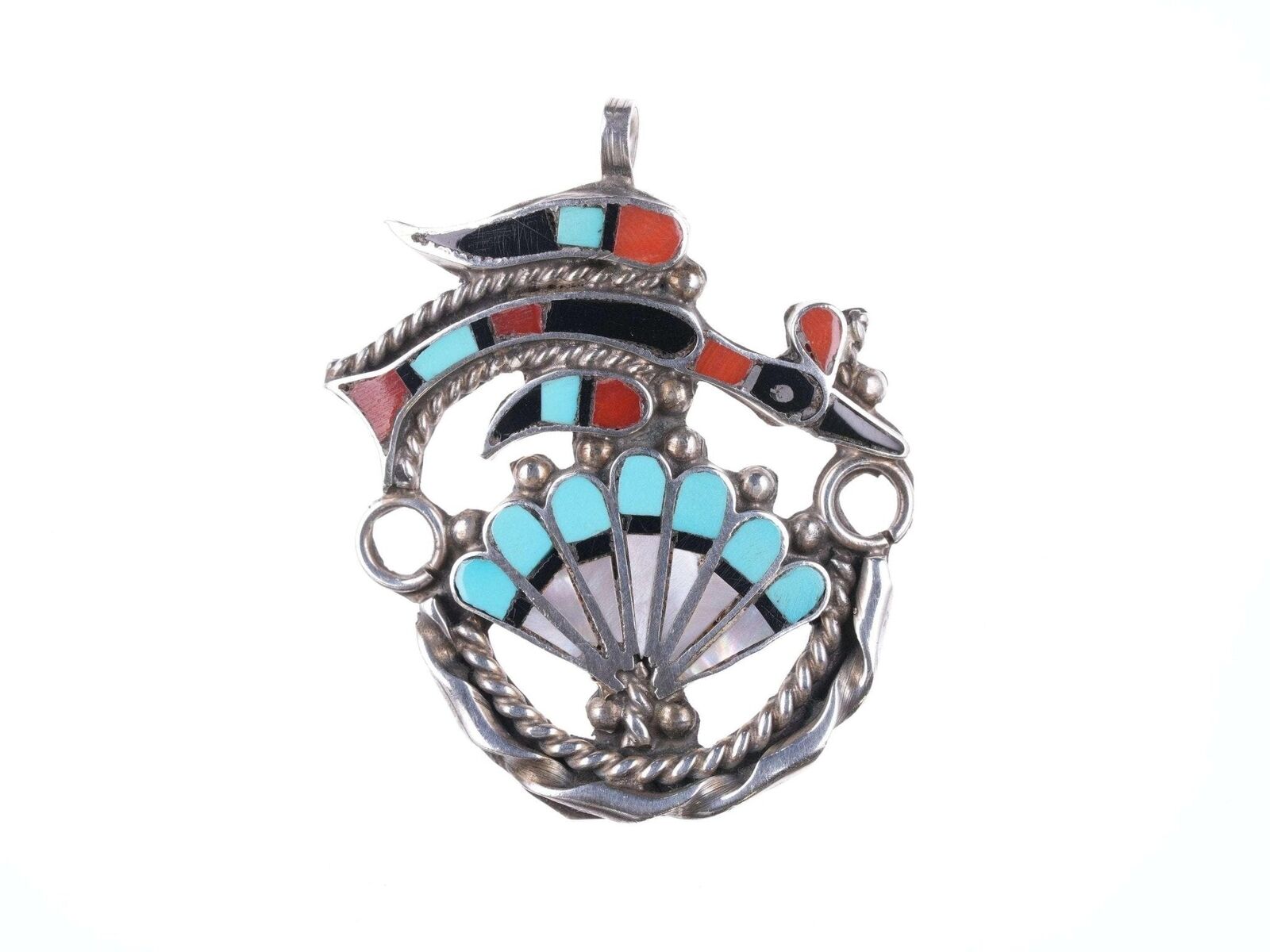 Vintage Zuni Sterling multi-stone inlay bird pendant
