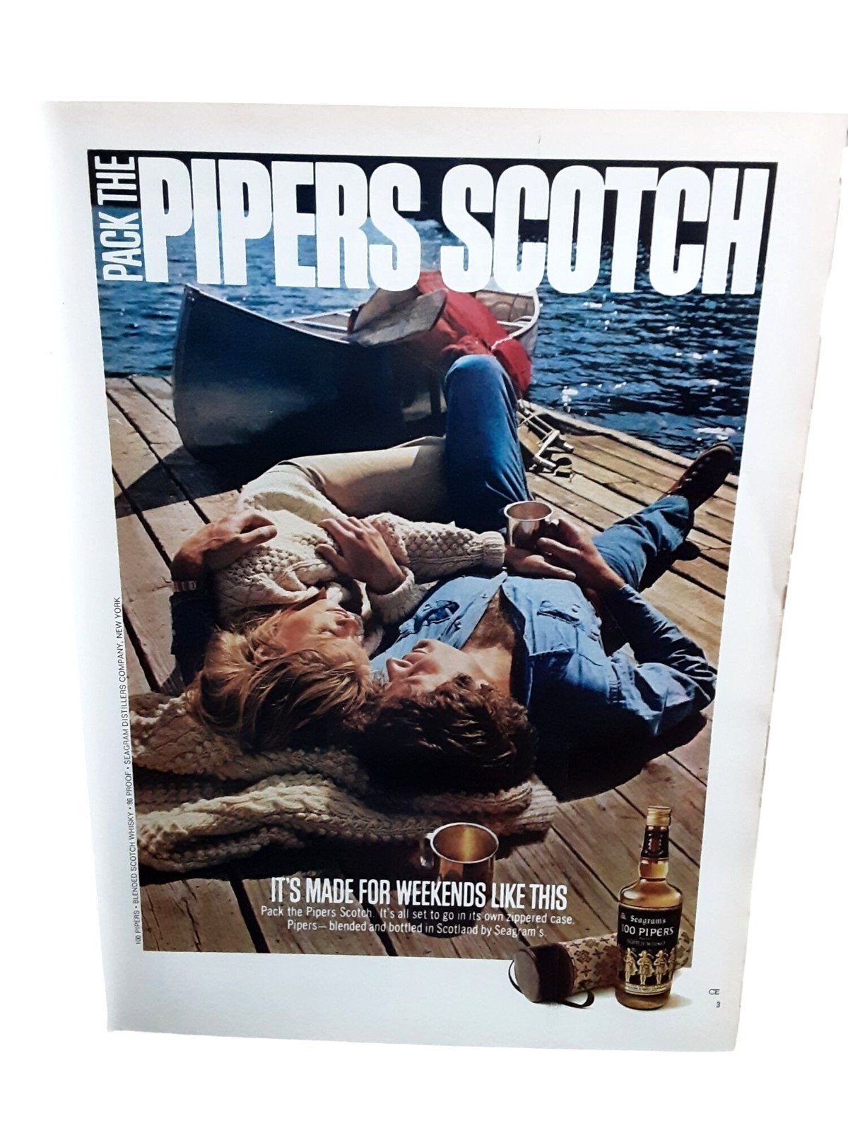 1975 100 Pipers Scotch Whisky Vintage Print Ad Seagram\'s Weekend Dock