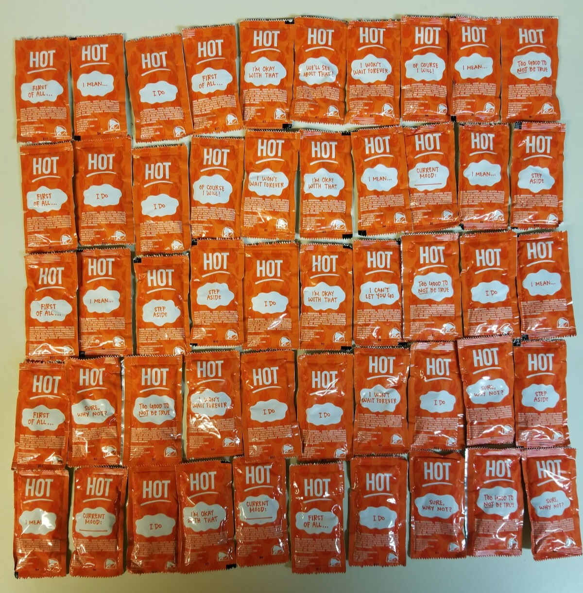 50 Taco Bell HOT  Sauce Packets.   New And Sealed Free Fast Shipping