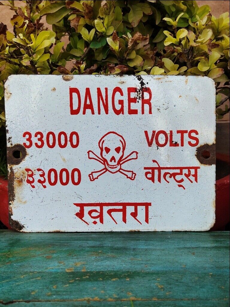 Vintage Indian Enamel Porcelain 33000 Volts Danger Warning Tin Sign Board
