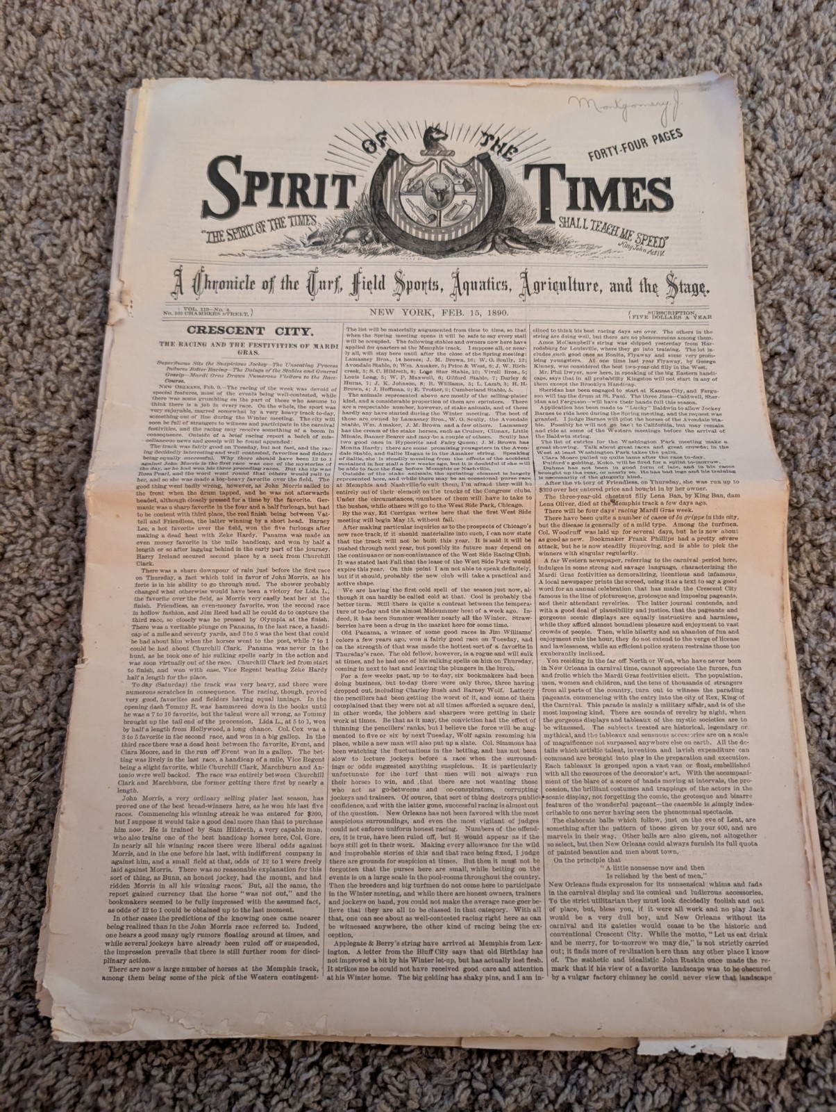Antique New York, Feb 15, 1890. Spirit of the times Newspaper Antique New York, Feb 15, 1890. Spirit of the times Newspaper