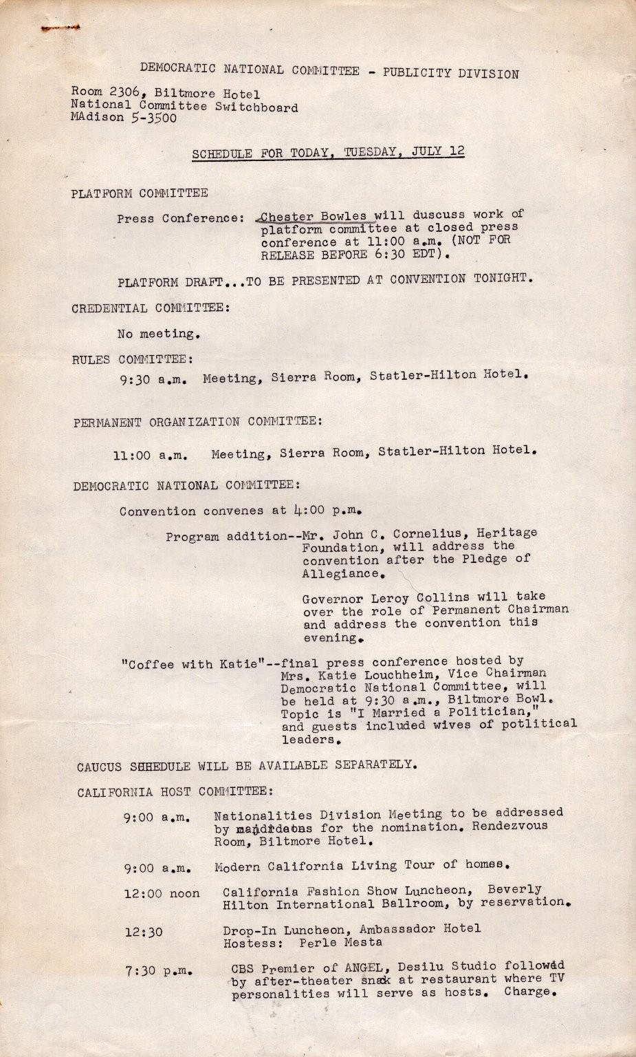 1960 Democratic National Convention Schedule July 12 Eleanor Roosevelt Biltmore