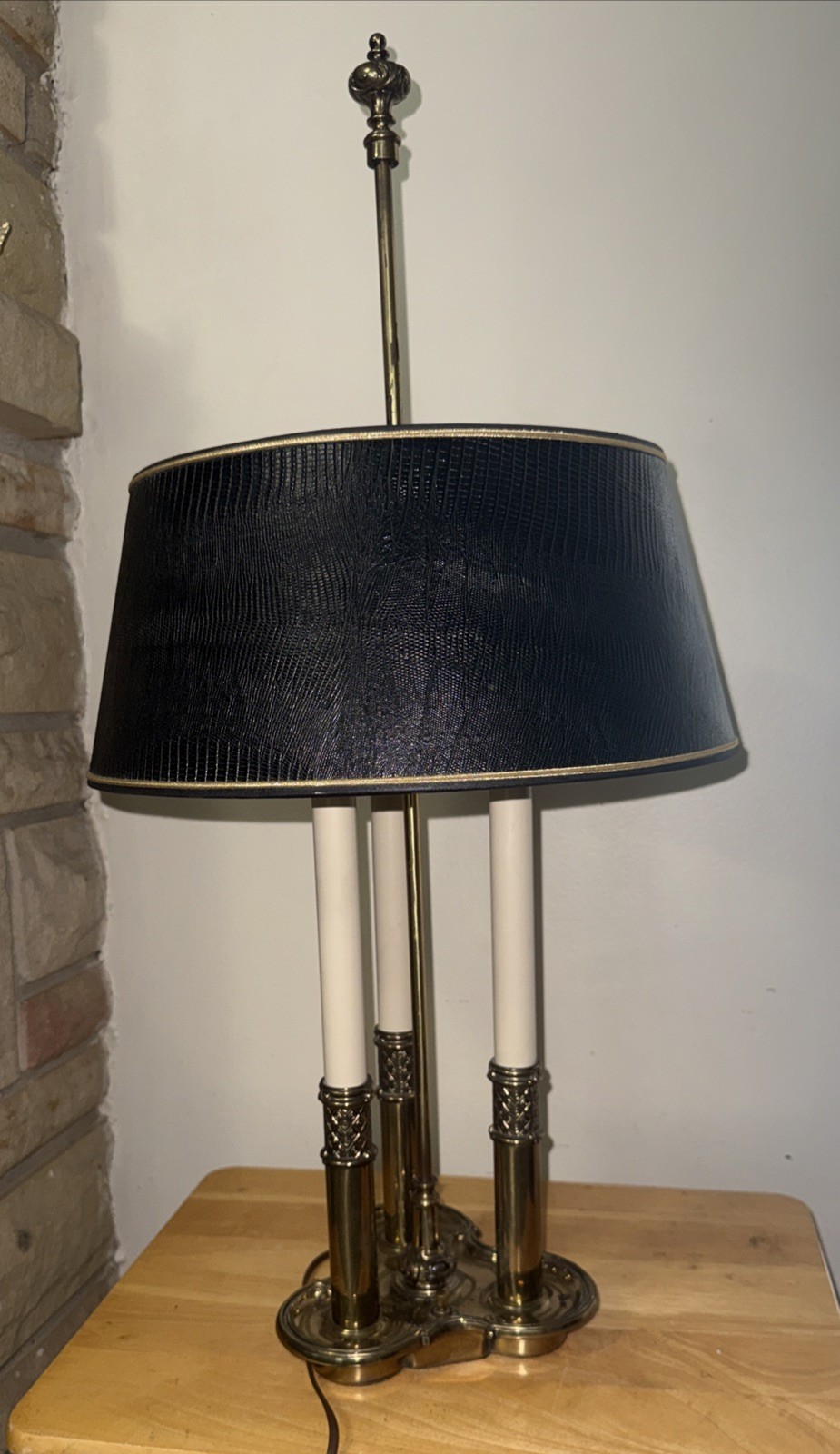 STIFFEL French Bouillotte Brass Candlestick 3 Light Lamp w/leather Shade 29.5