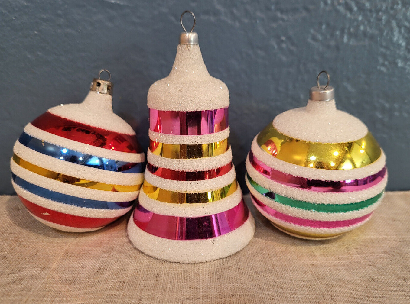 Vintage Christmas Holiday Glass Striped With Snow Ornaments Lot Of 3