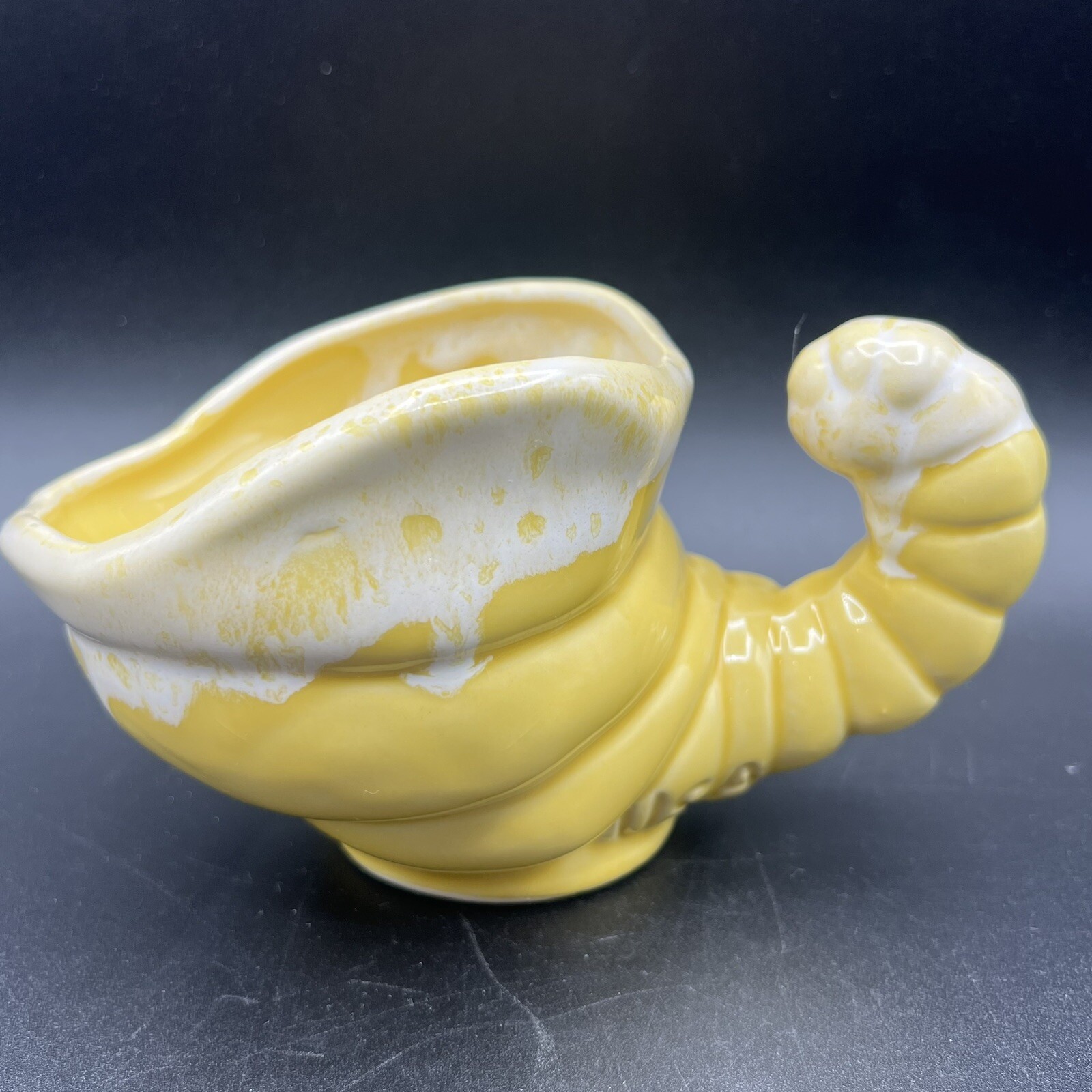 Vintage USA Yellow & White Planter Ceramic Drip Glaze Cornucopia 7\