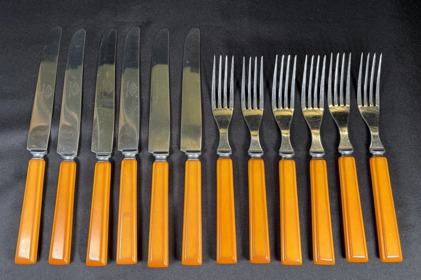 12pc Lot Bakelite Butterscotch Flatware Royal Brand Cutlery Co Sharp Cutter
