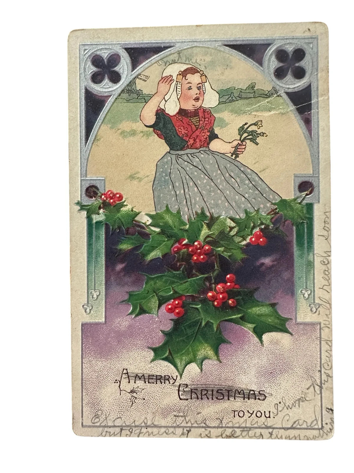 A Merry Christmas To You, Dutch Girl w/ Holly Berries, postcard 1910 Posted A Merry Christmas To You, Dutch Girl w/ Holly Berries, postcard 1910 Posted