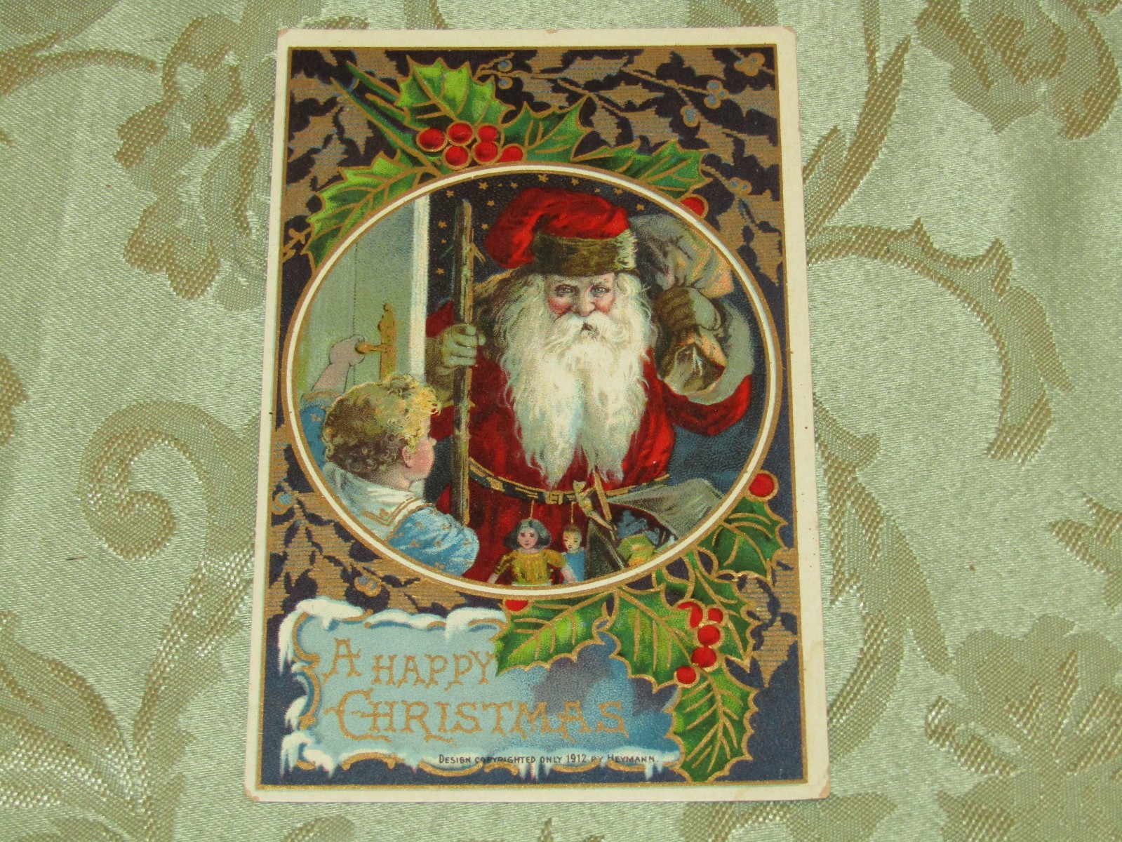 Antique *Christmas Red Coat Santa/ Little Boy* Heymann / Germany 1912 PC