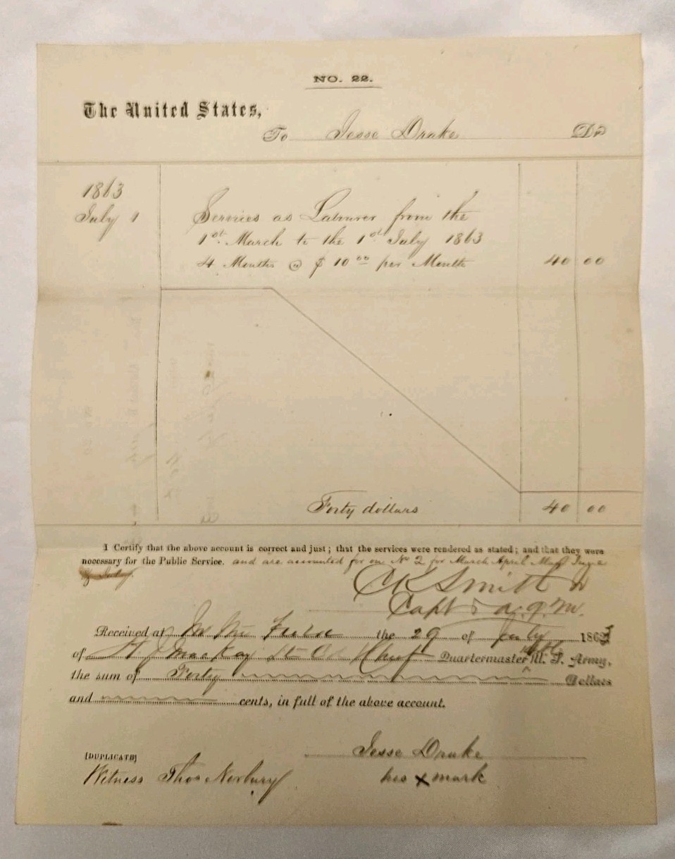 1863 Civil War Vicksburg Black Labor Wage Voucher Jesse Drake X Mark 92nd NY
