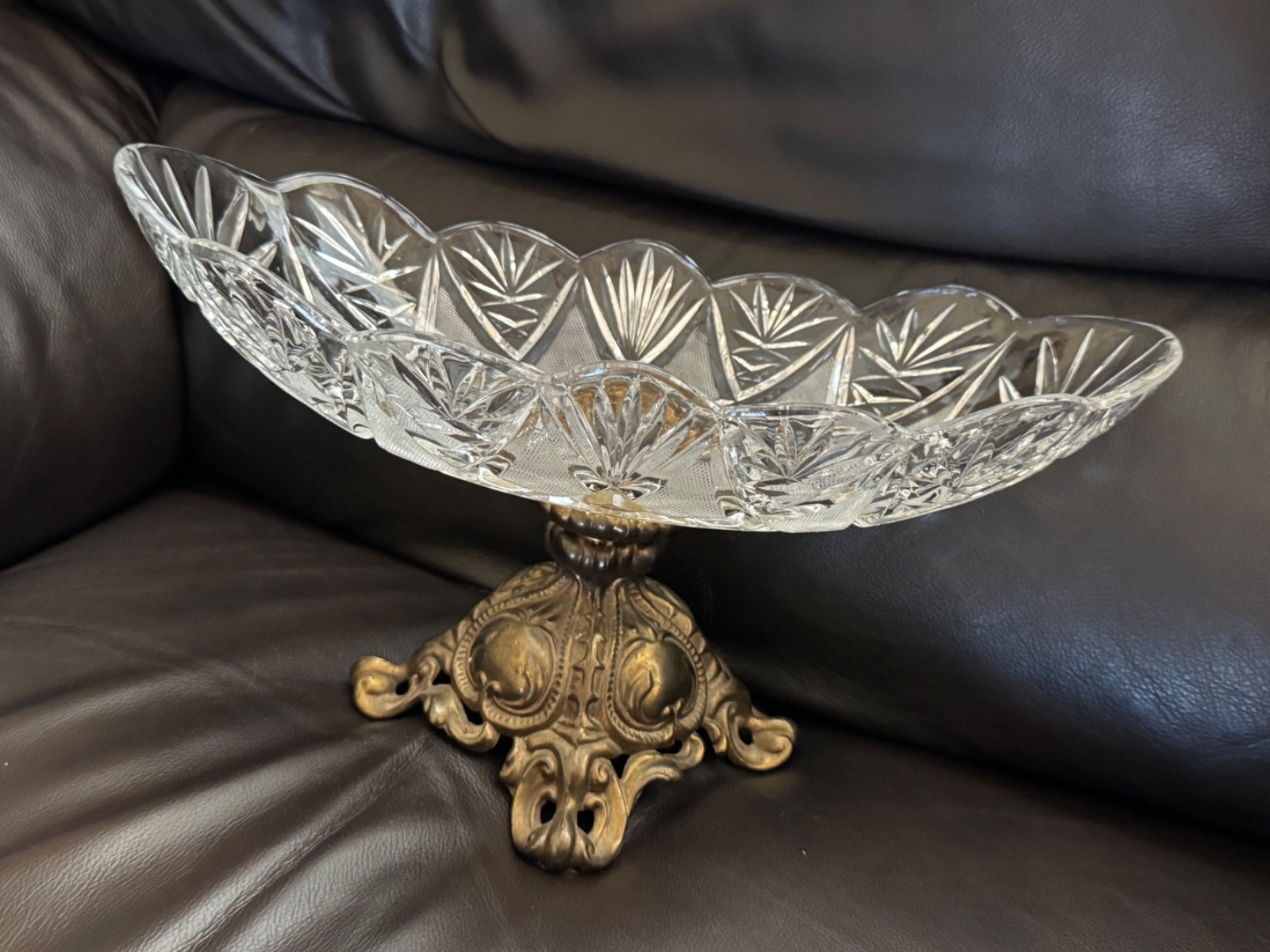 VTG Oval Cut Crystal & Cast Metal Pedestal 13” Width Compote Center Piece Bowl