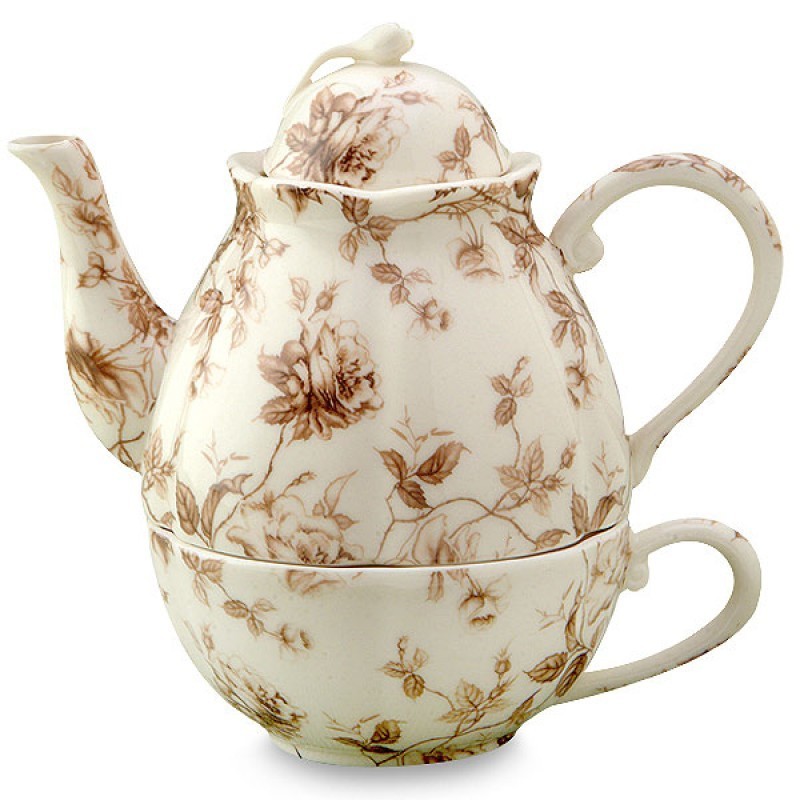 Grace Teaware Brown Toile 3 Piece Tea for One Gold Trimmed. Cream Porcelain Grace Teaware Brown Toile 3 Piece Tea for One Gold Trimmed. Cream Porcelain