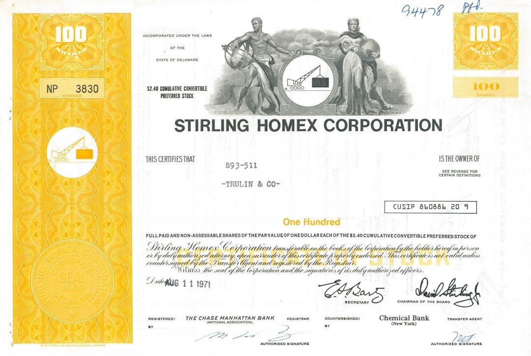 Stirling Homex Corp. - 1971-1973 dated Low Cost Housing Company Stock Certific Stirling Homex Corp. - 1971-1973 dated Low Cost Housing Company Stock Certific