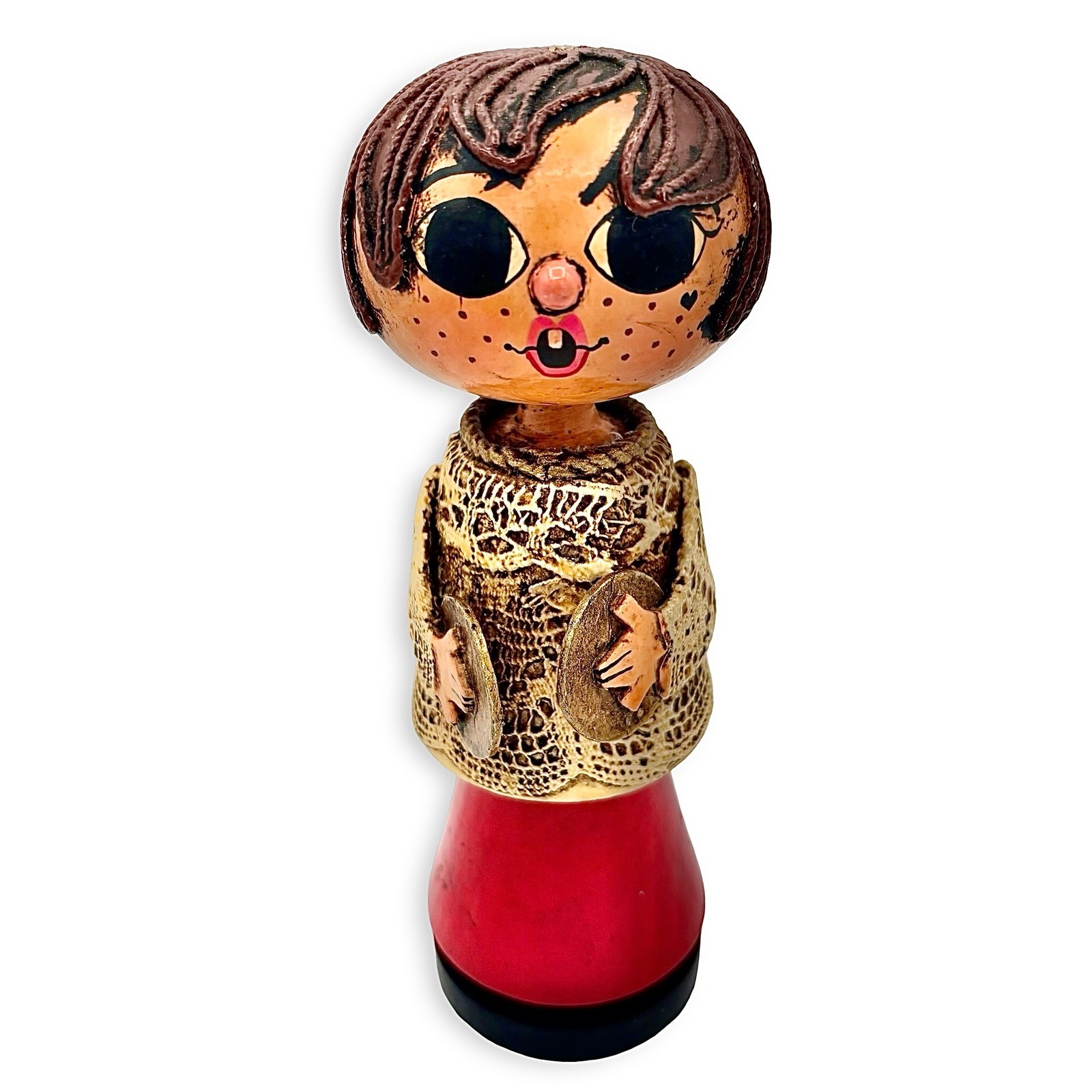 Vintage Gustavo Mexican Folk Art Turned Wood Doll Figurine 1960s Red MCM Style