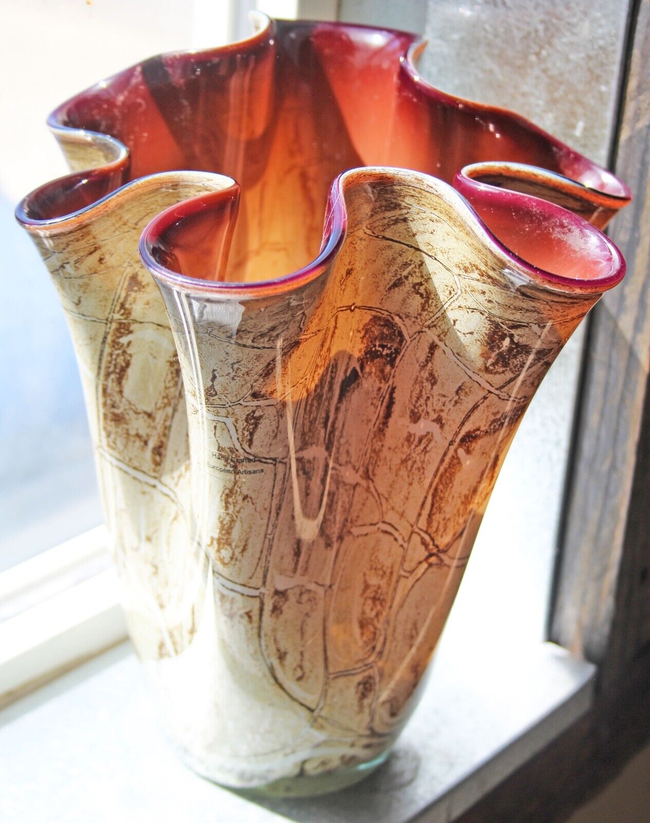 Josefina Krosno Brown Plum Handkerchief Art Glass Vase 10”