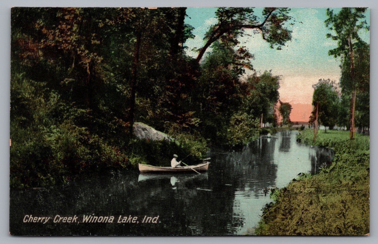 Cherry Creek Winona Lake IN Canoe Vintage Postcard TS-285