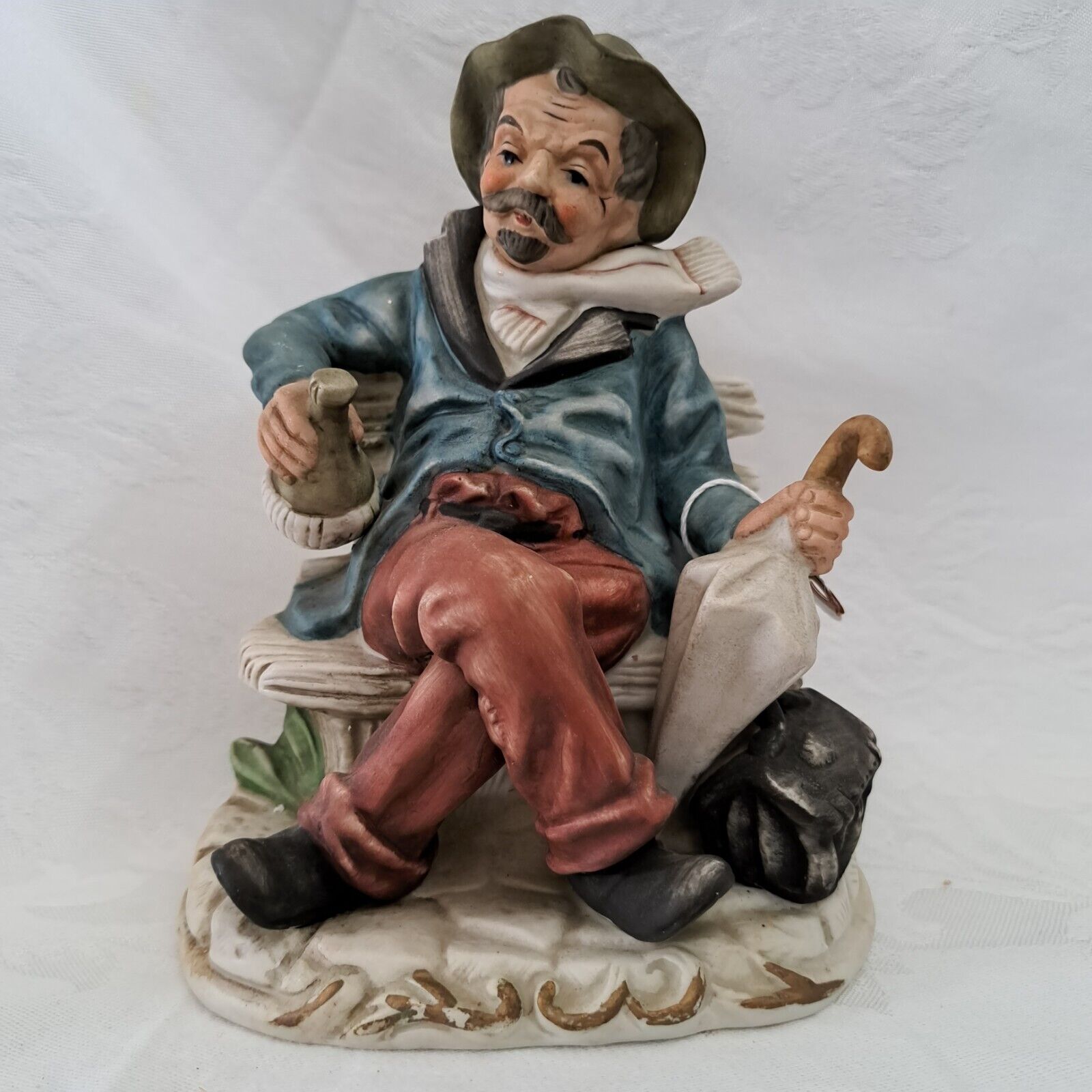 Vintage Drunk Man Hobo Sitting On Bench Figurine Porcelain Capodimonte Style