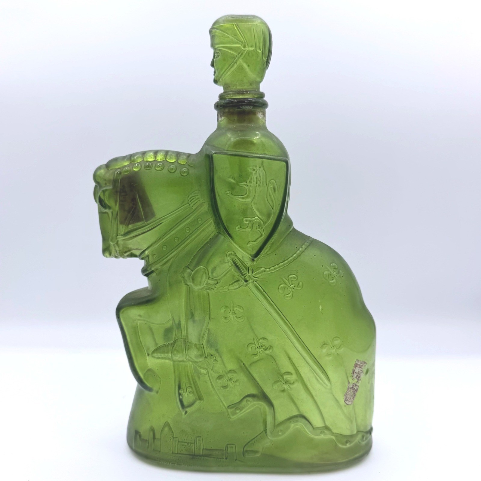 Vintage Figural Knight on Horseback Decanter Bottle Green Glass Barware