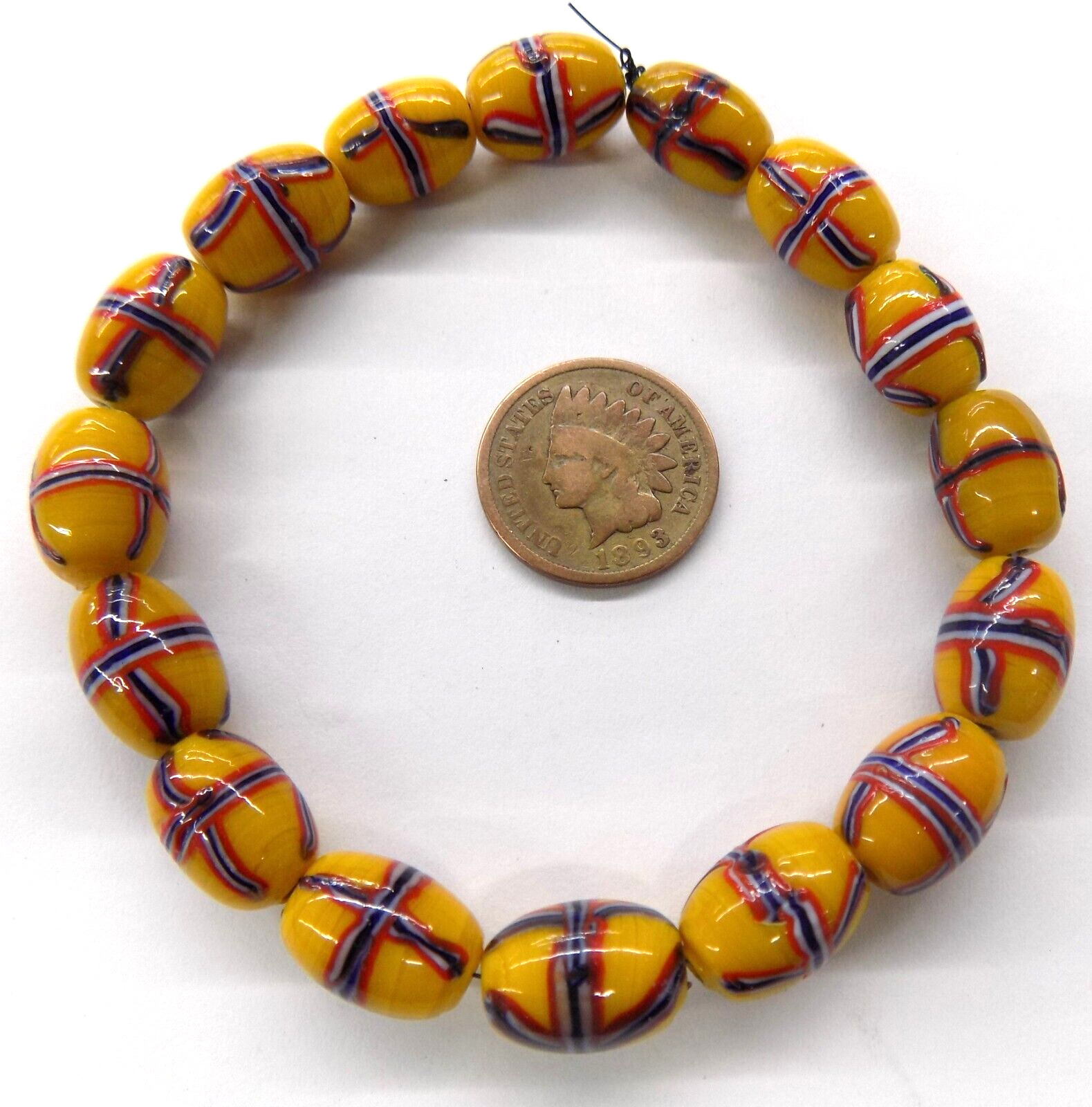 20  Yellow French Cross Trails African Trade Beads antique Style T4039N  repo