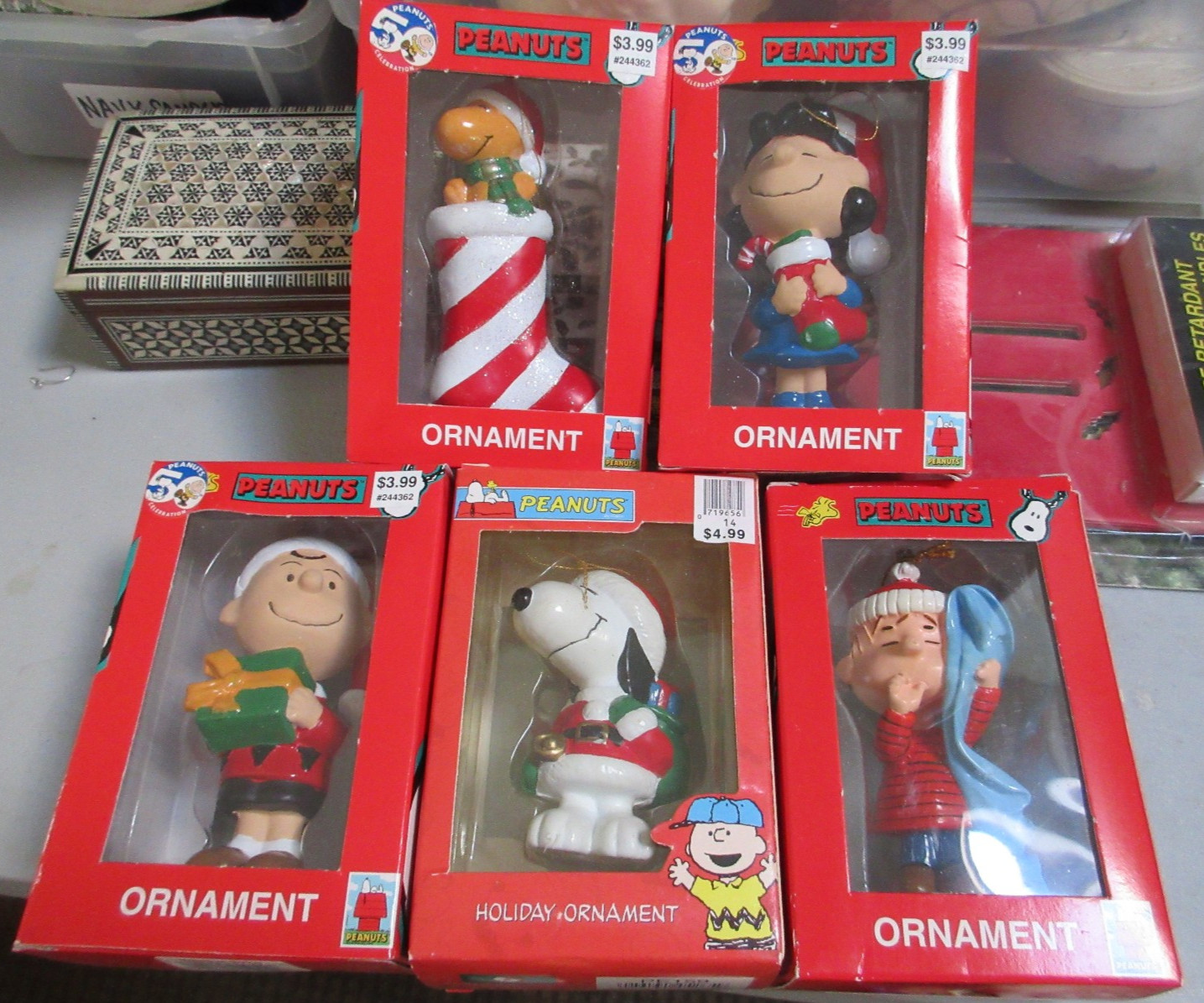 5 VTG Kurt Adler Peanuts Christmas Ornaments 50th Anniversary  All NEW in BOXes