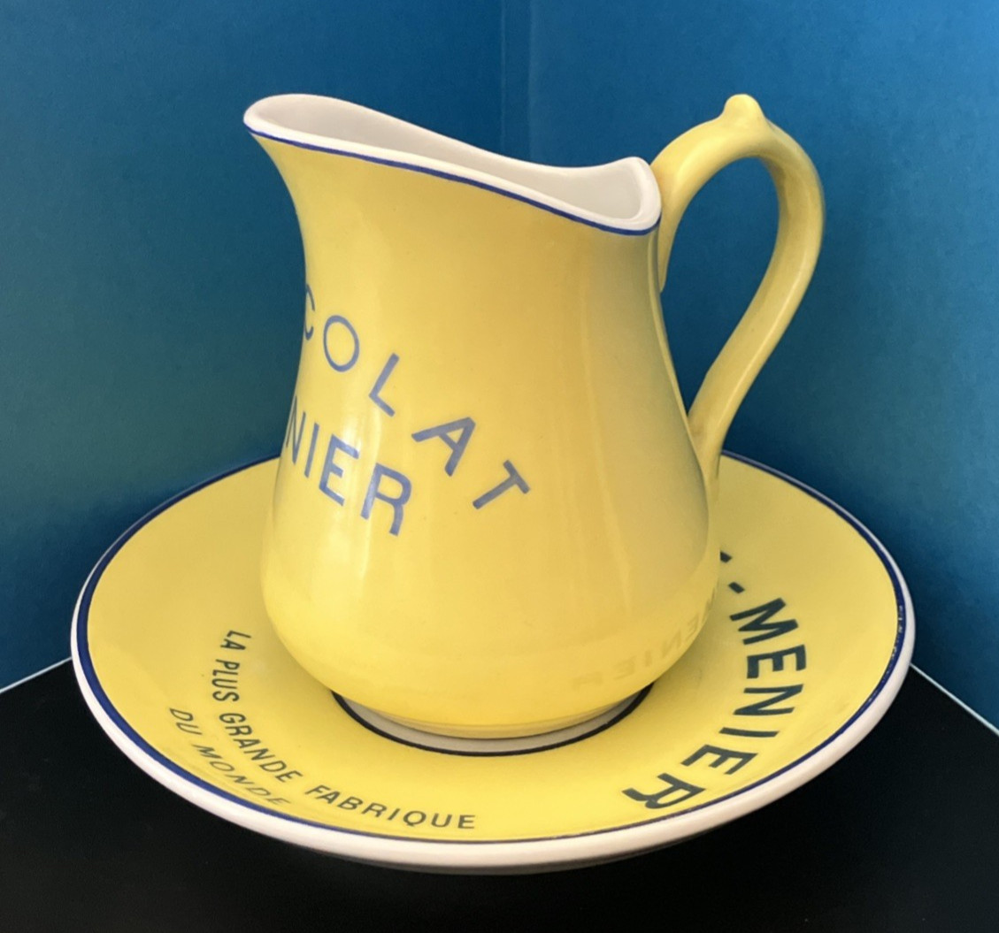 Rare Antique Chocolat Menier Pitcher and Saucer Set Vintage Café Pichet France