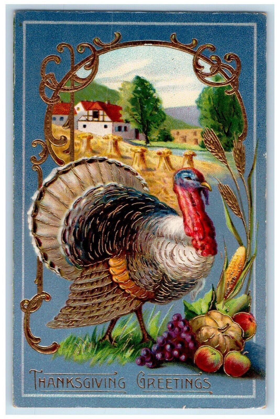 c1910\'s Thanksgiving Greetings Turkey Fruits Wheat House Gel Gold Gilt Postcard