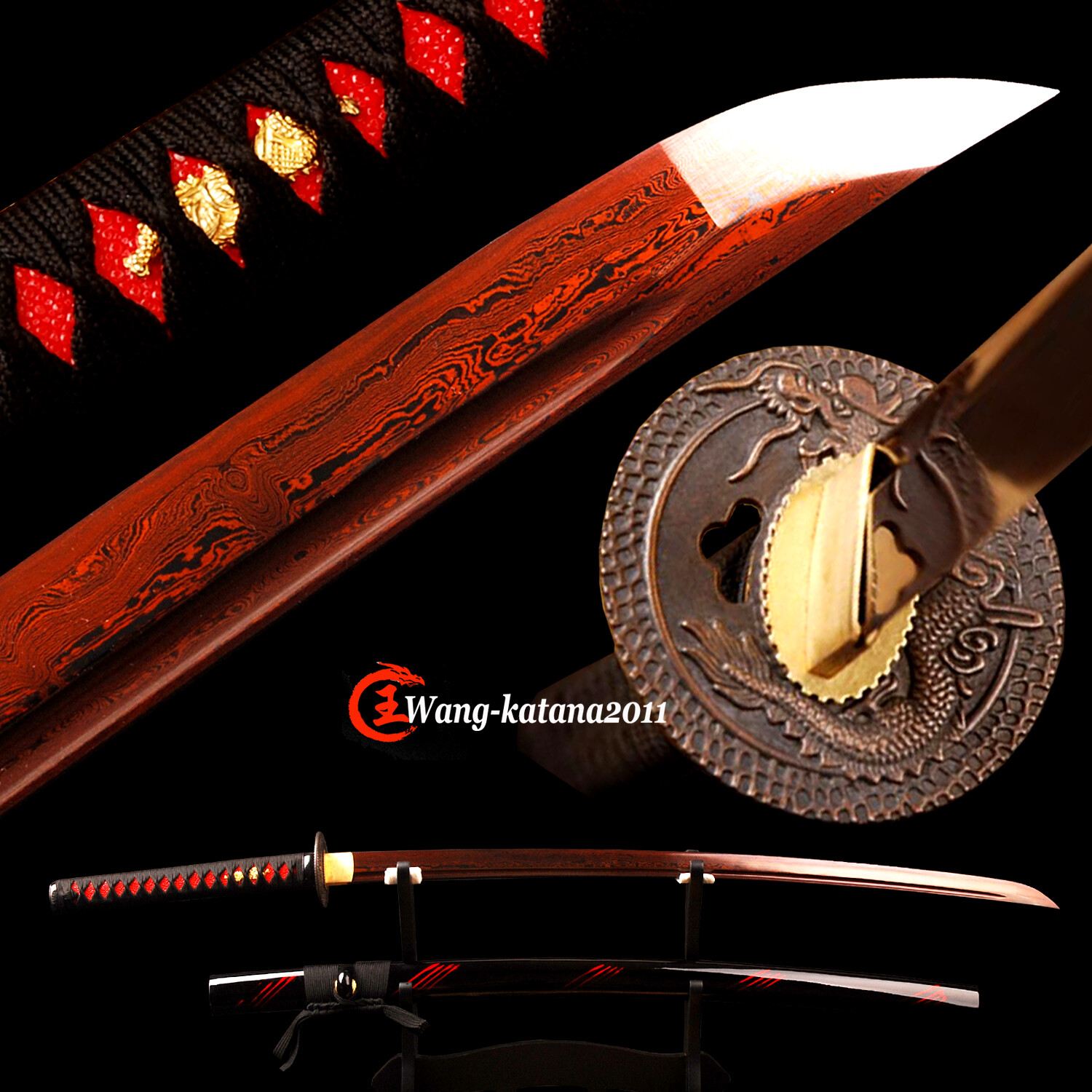 Blood Red Sharp Battle Ready Japanese Samurai Katana Sword Damascus Folded Steel