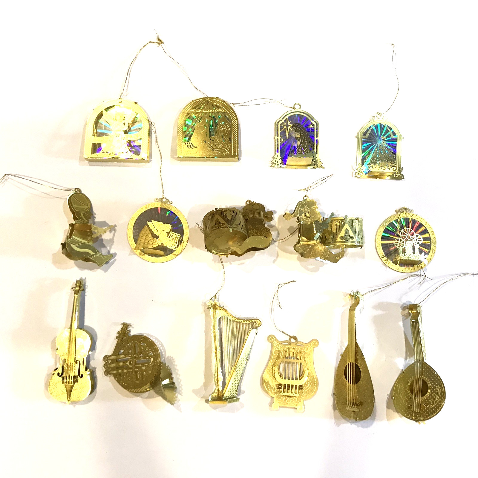 Vintage Lot 15 Christmas Ornaments Goldtone Prismatic Metal Filigree Various