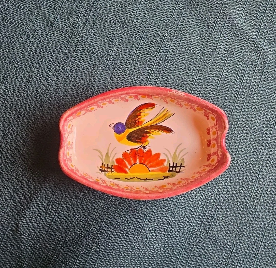 Signed Vtg Henriot Quimper France Bird Folk Art HB Handpainted Trinket Soap Dish