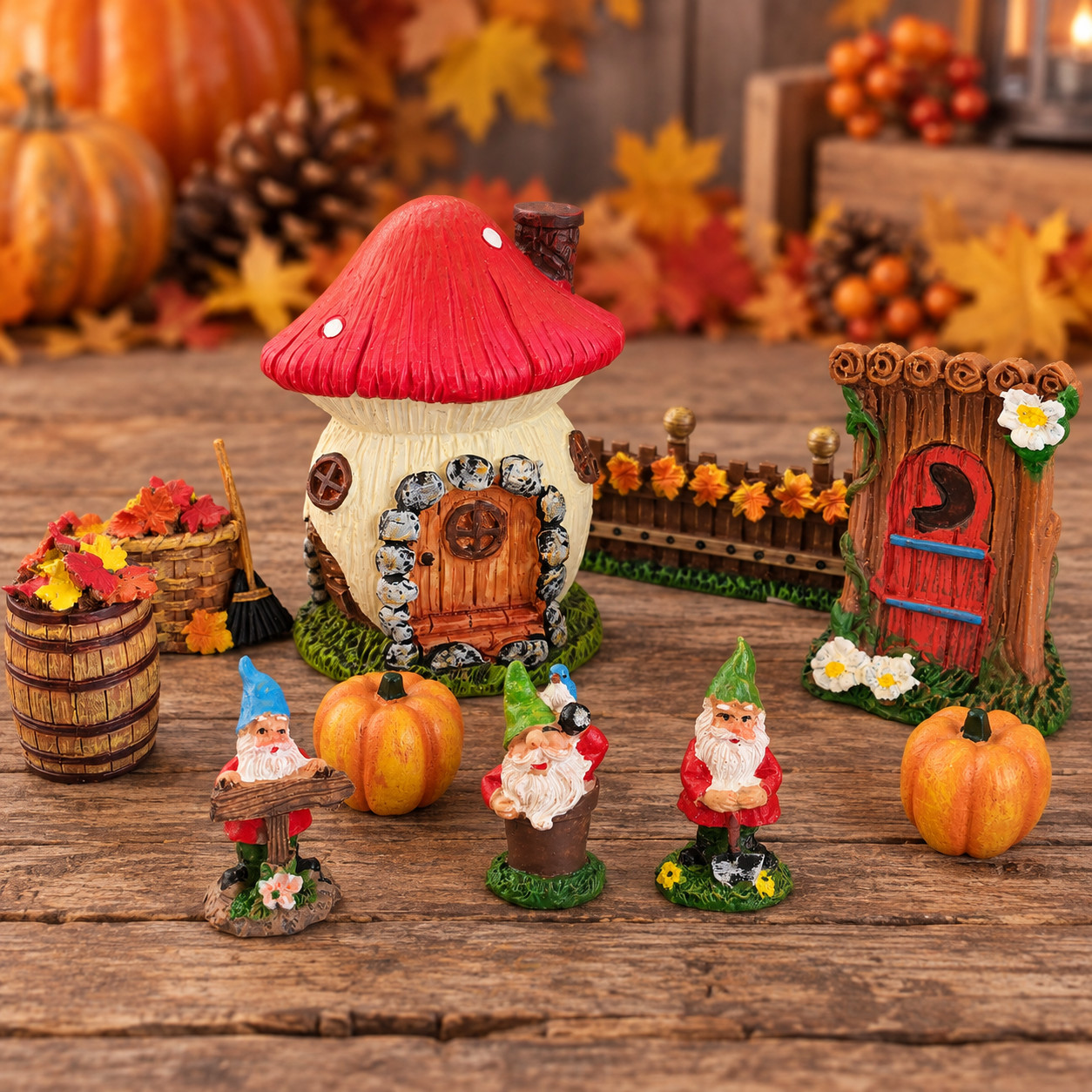 10 Pc Miniature Fall Gnome Fairy Garden Set Mushroom House Outhouse Pumpkins