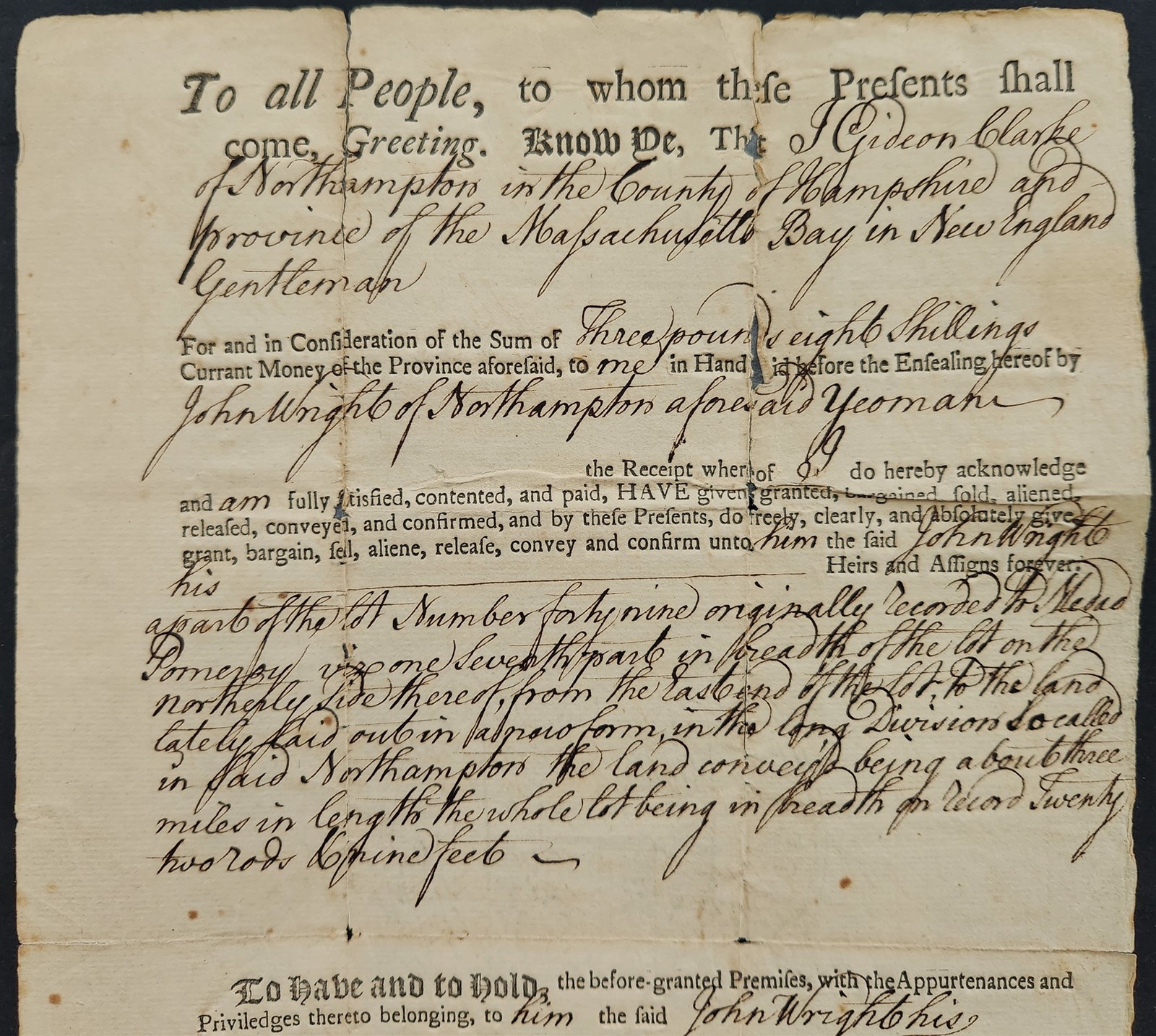1772 antique COLONIAL DEED northampton province ma bay gideon CLARK john WRIGHT