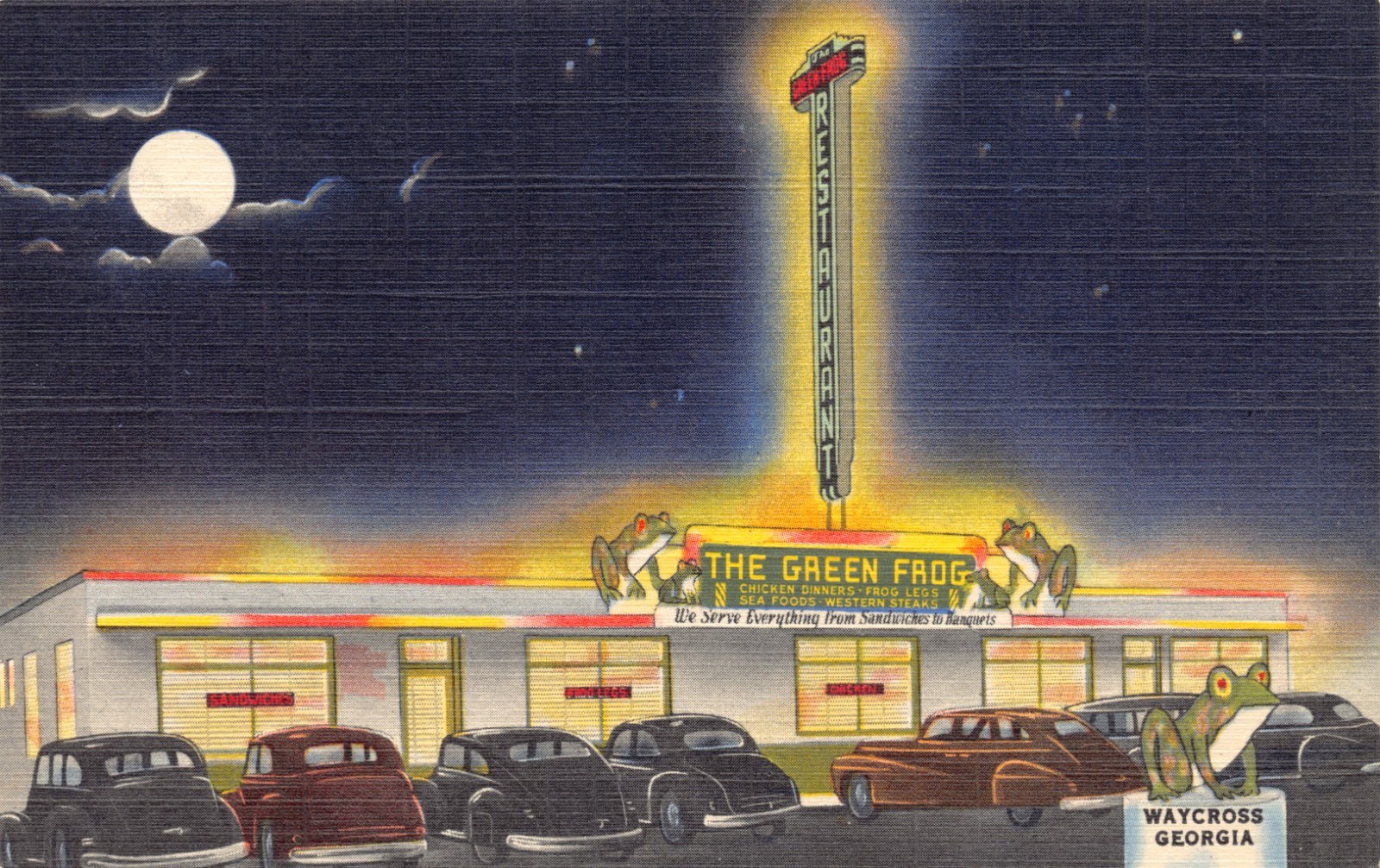 GA~GEORGIA~WAYCROSS~THE GREEN FROG RESTAURANT~NEON SIGN~U.S. 1 SHORT CUT~C.1945