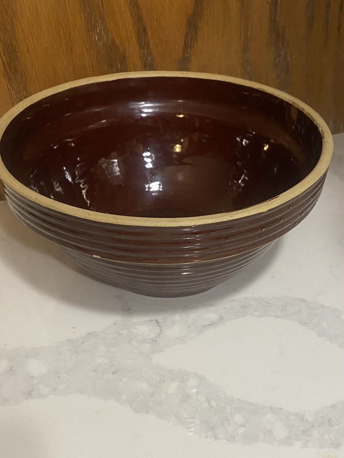 Vintage Monmouth Maple Leaf Pottery Brown Ribbed Batter Bowl 9\