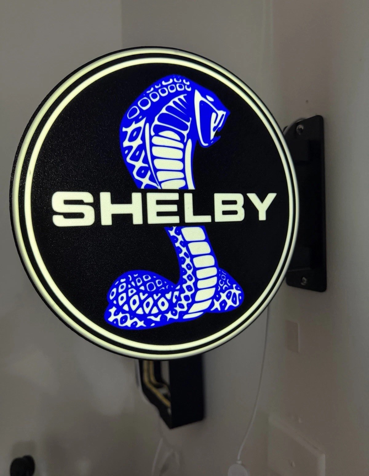 SHELBY Cobra Round LED Lighted Wall Sign w/ Mounting Bracket, Black/Blue/White