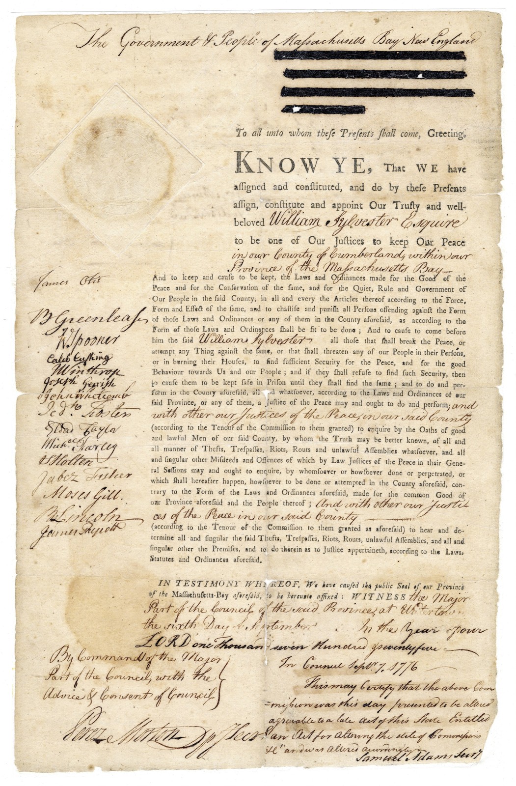 William Sylvester Esquire Massachusetts Judge Appointment 1770s Vintage Document