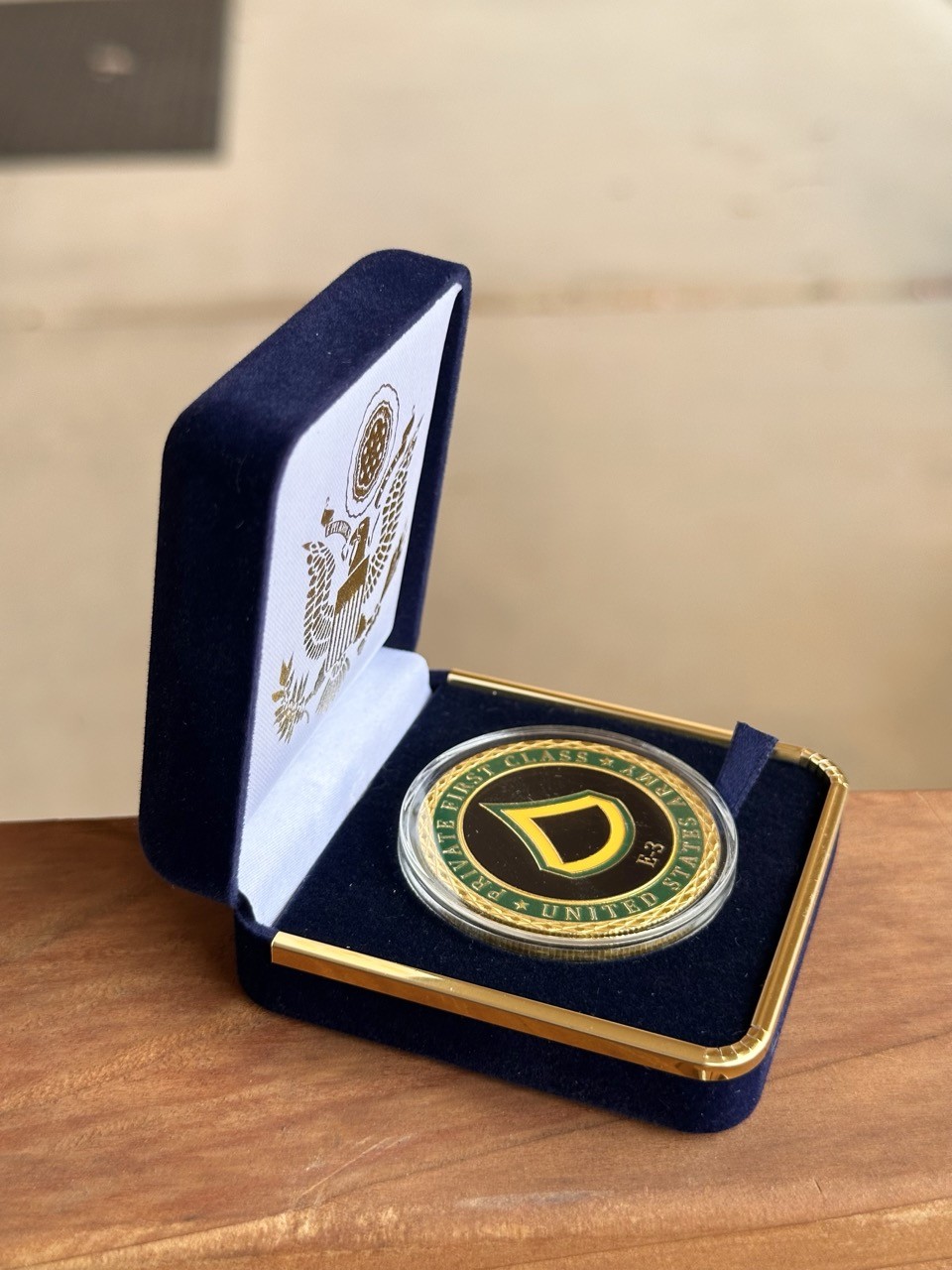 U.S. Army Private First Class (PFC) E-3 Challenge Coin in Blue Velvet Case ·NEW·