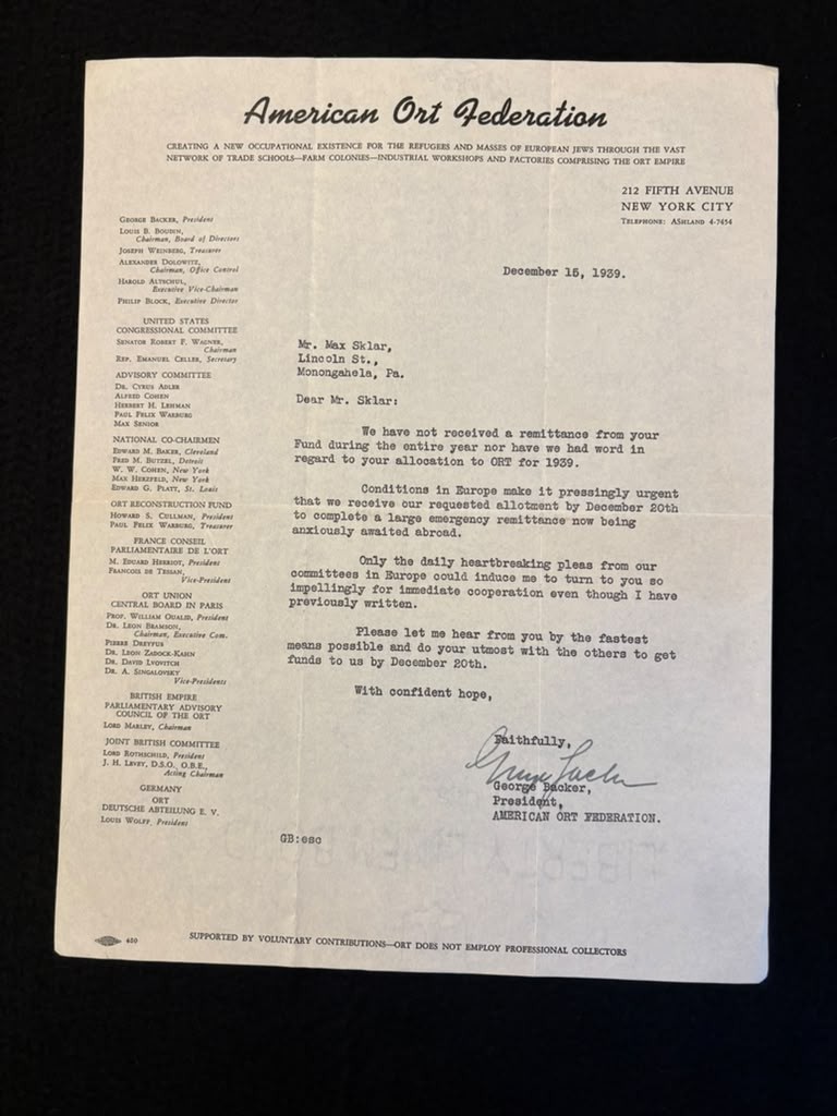 RARE letter 1939 American ORT Federation NYC. to Max Sklar Monongahela, PA.