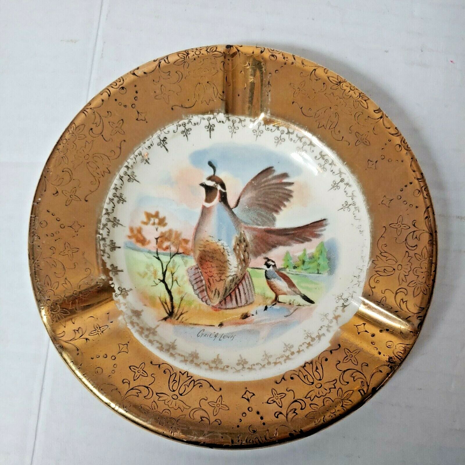 Vtg. Sabin Crest Of Gold 22k Ash Tray Rare Quail Pattern Mid-century
