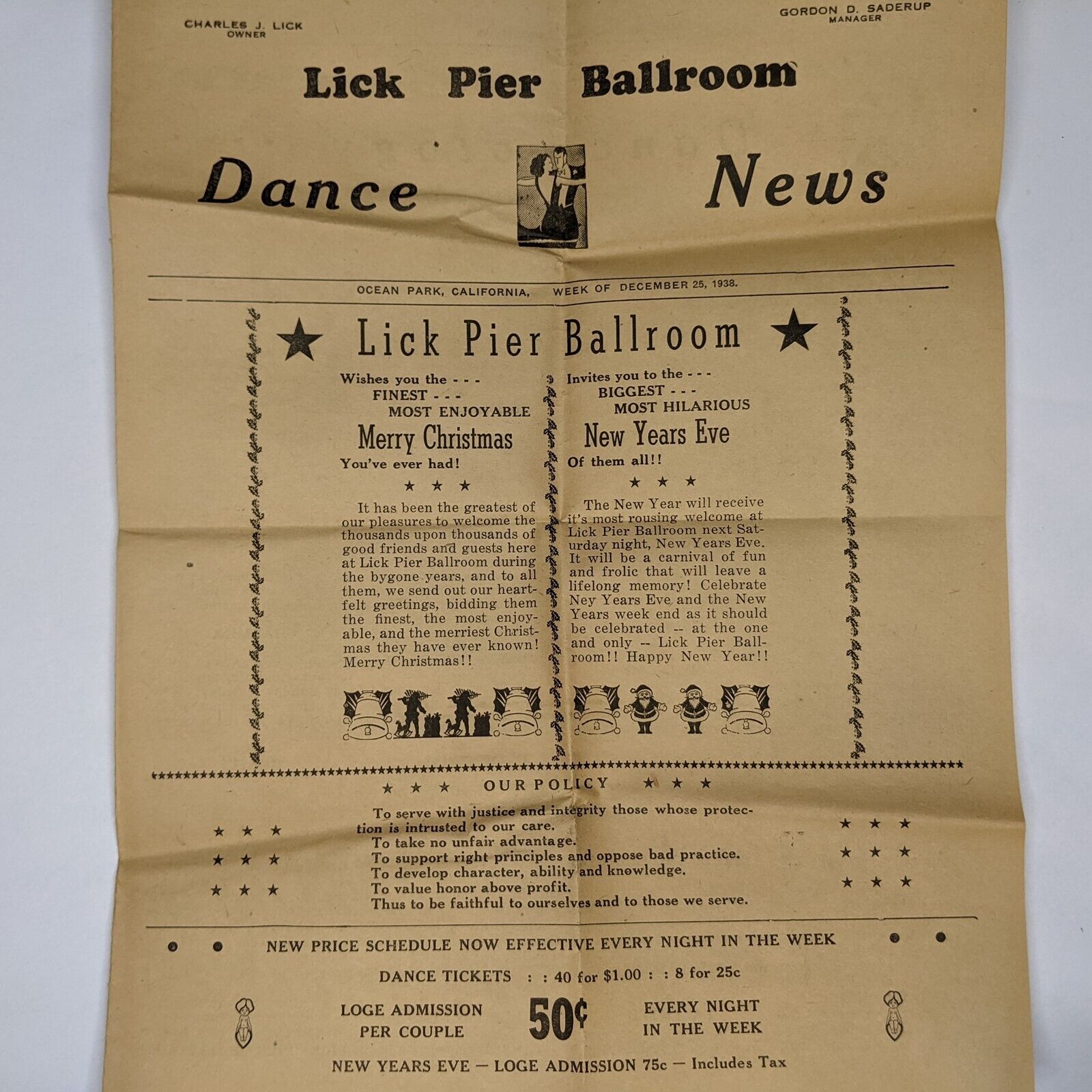 Xmas 1938 Ocean Park, Cali. Lick Pier Ballroom Dance News Newspaper Club Vtg C58