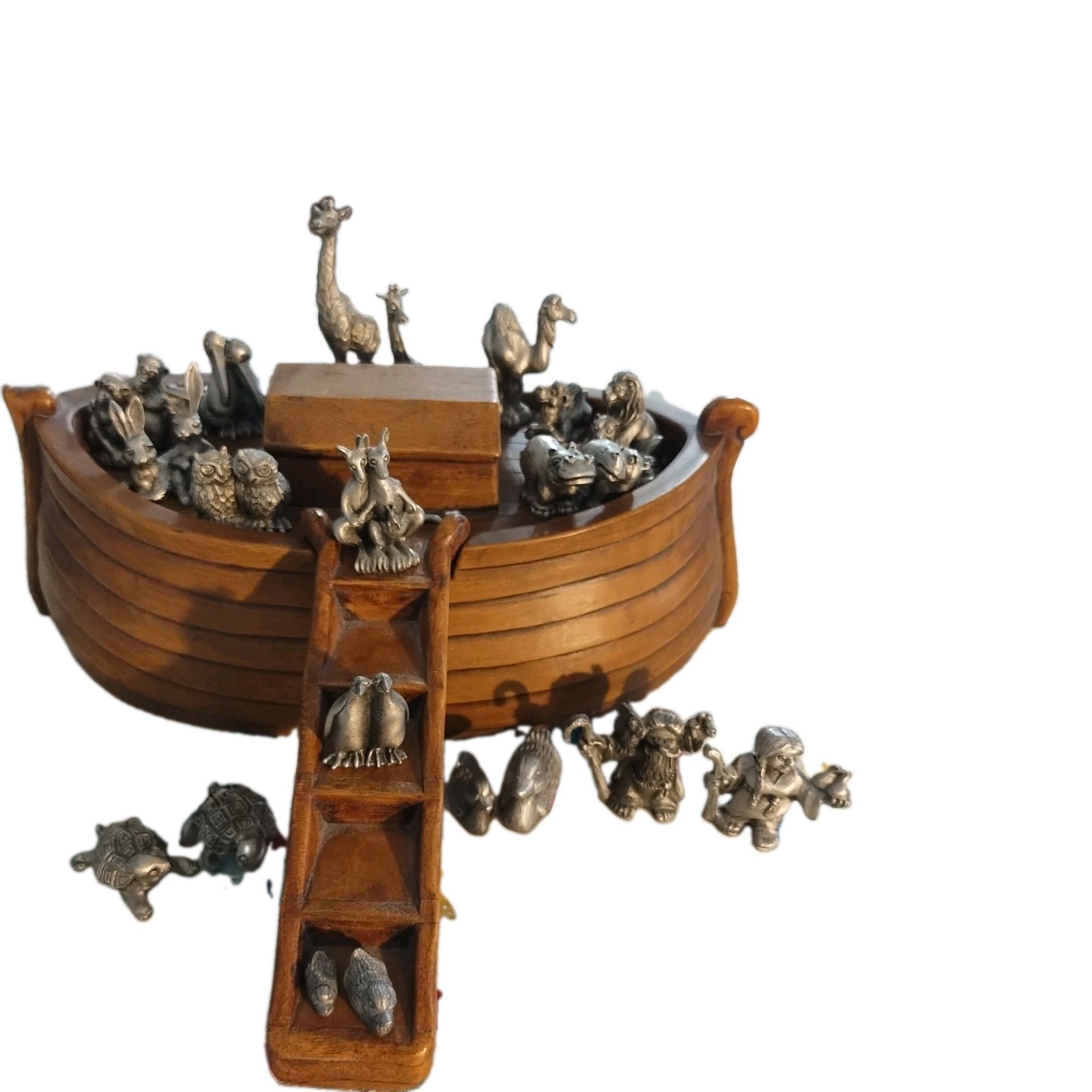Vintage Hudson Pewter Noah's Ark Collection Set 21 Figurines & Wood Look Ark Set