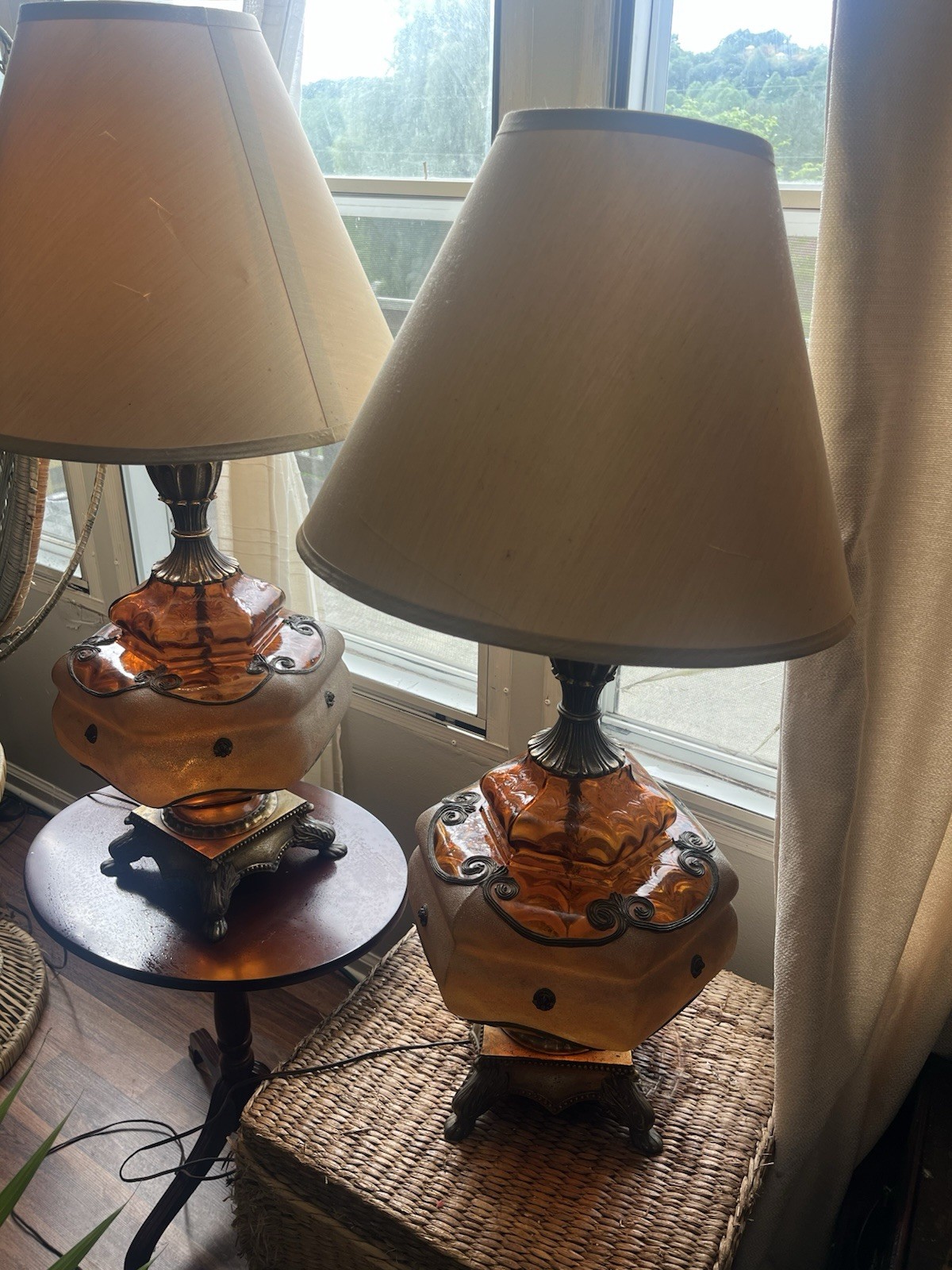 Pair of Vintage Carl Falkenstein Amber Bubble Glass Hollywood Regency Lamps
