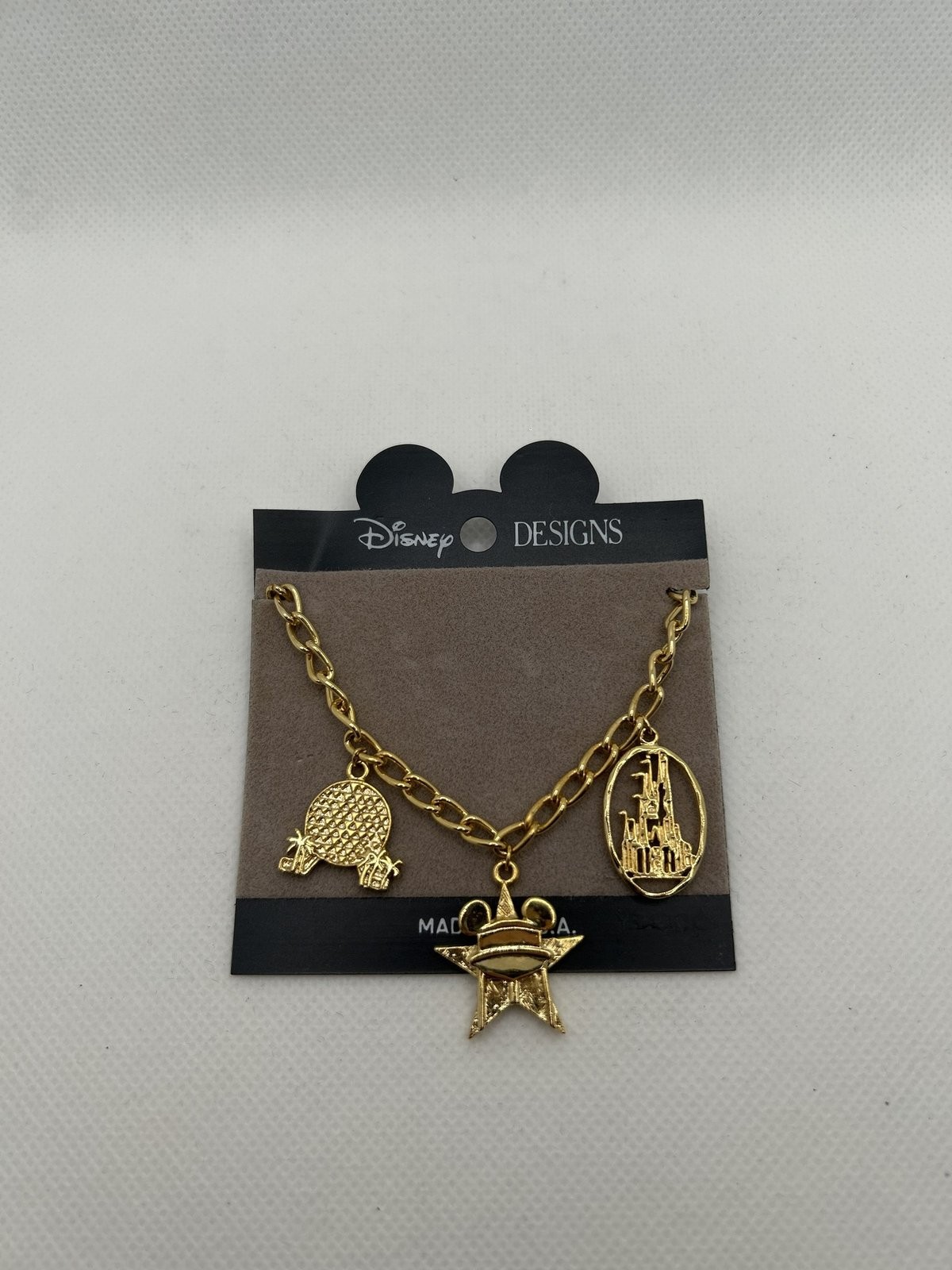 Walt Disney World Gold Tone Charm Bracelet Disney Designs Made in USA Card