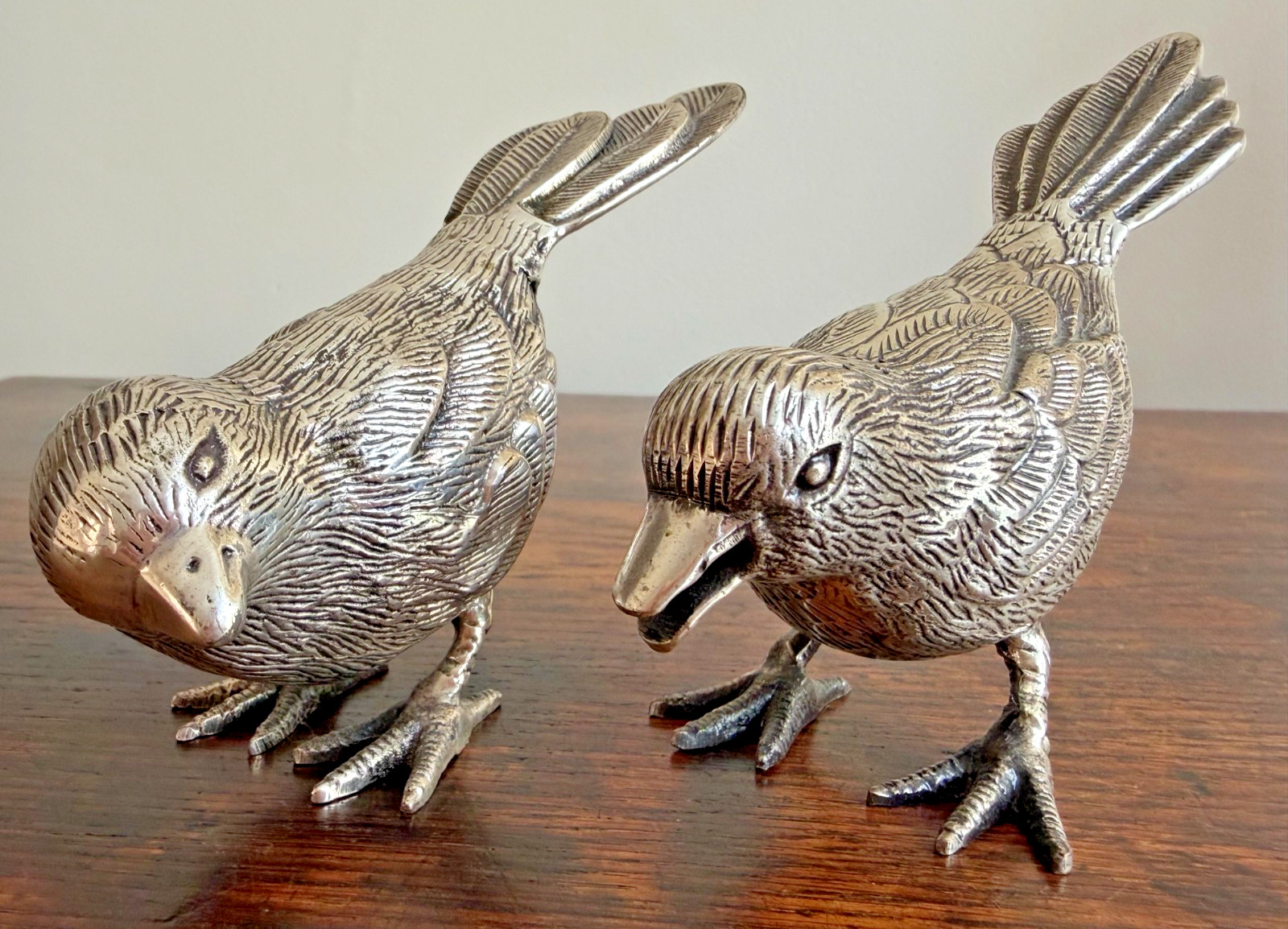 Vintage Set of TWO (2) Heavy Silver-Plated EPNS Lacquered Bird Figurines - India