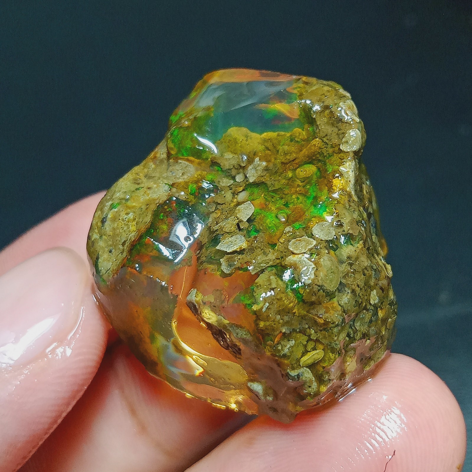 81.80 Ct Mexican Fire Opal Rough with Bold Green Fire & Matrix – Code A-6 81.80 Ct Mexican Fire Opal Rough with Bold Green Fire & Matrix – Code A-6