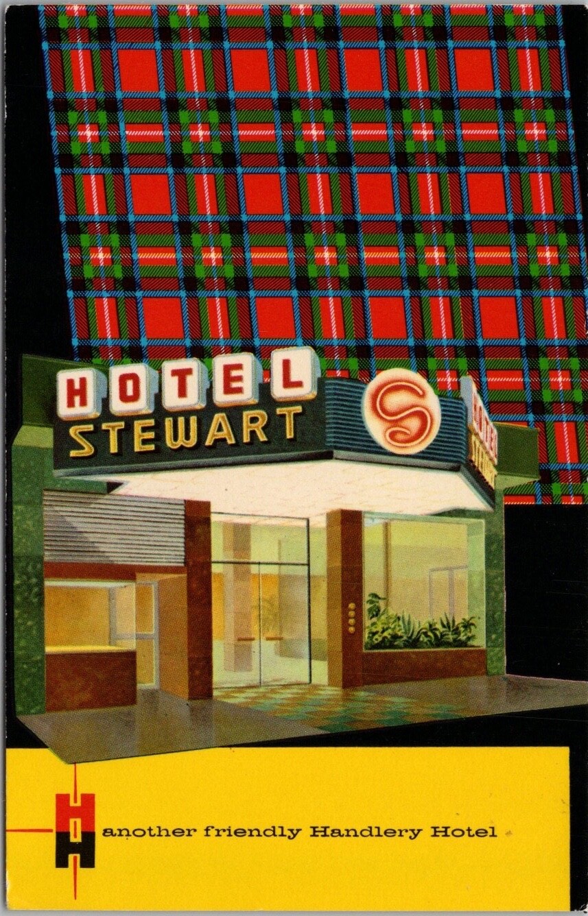 c1950s SAN FRANCISCO California Postcard HOTEL STEWART Tartan / Artist\'s View