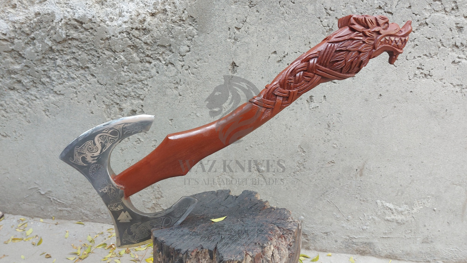 Handmade Double Headed axe Battle Viking Axe Lion Engraved Wood Handle For Leo