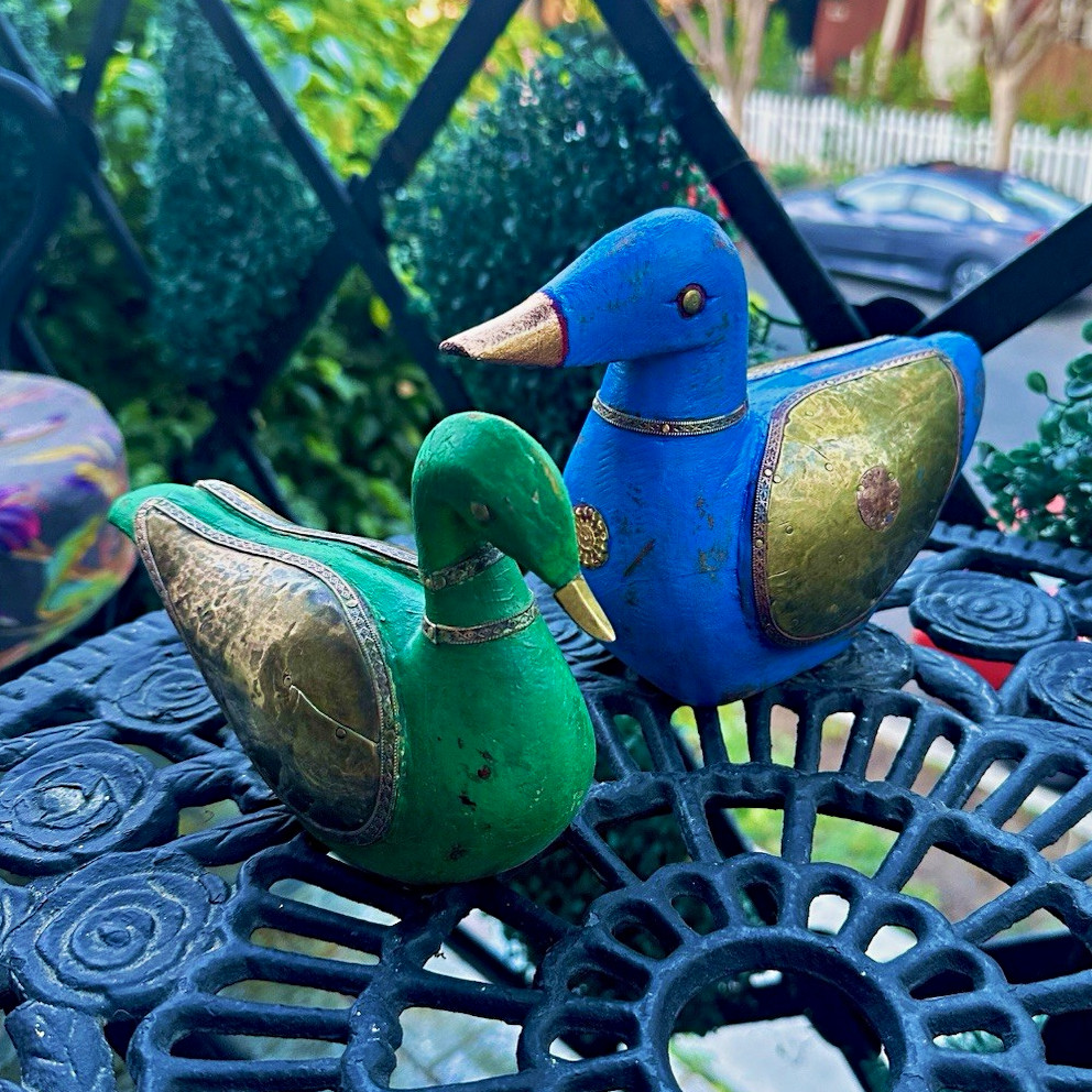 Painted Wooden Duck Figurines Pair with brass Wings Decorative