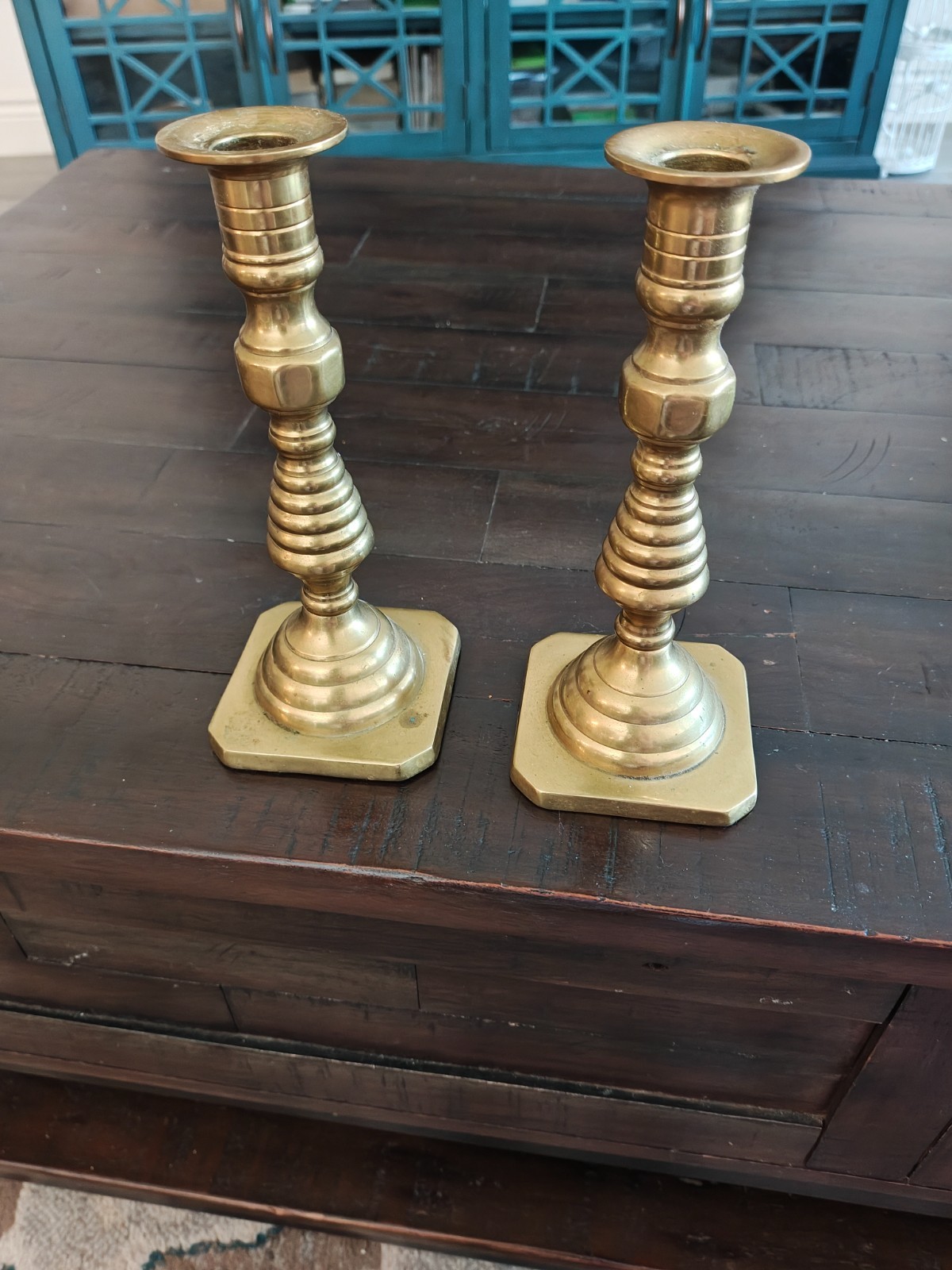 vintage pair of mid-to-late 20th-century Korean brass beehive candlestick holder