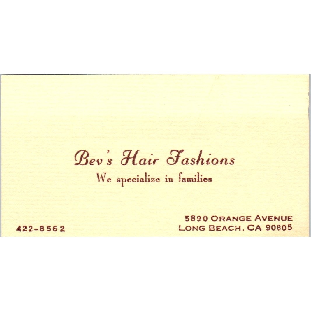 Bev's Hair Fashions Long Beach Vintage Business Card SD8-B10