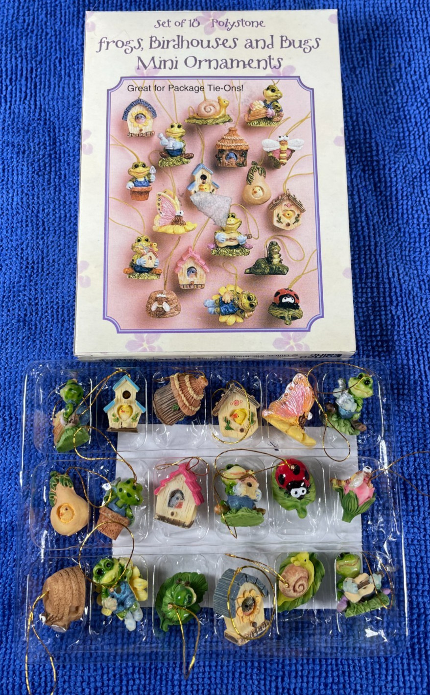 Set of 18 Polystone Frogs, Birdhouses and Bugs Mini Ornaments Package Tie-Ons